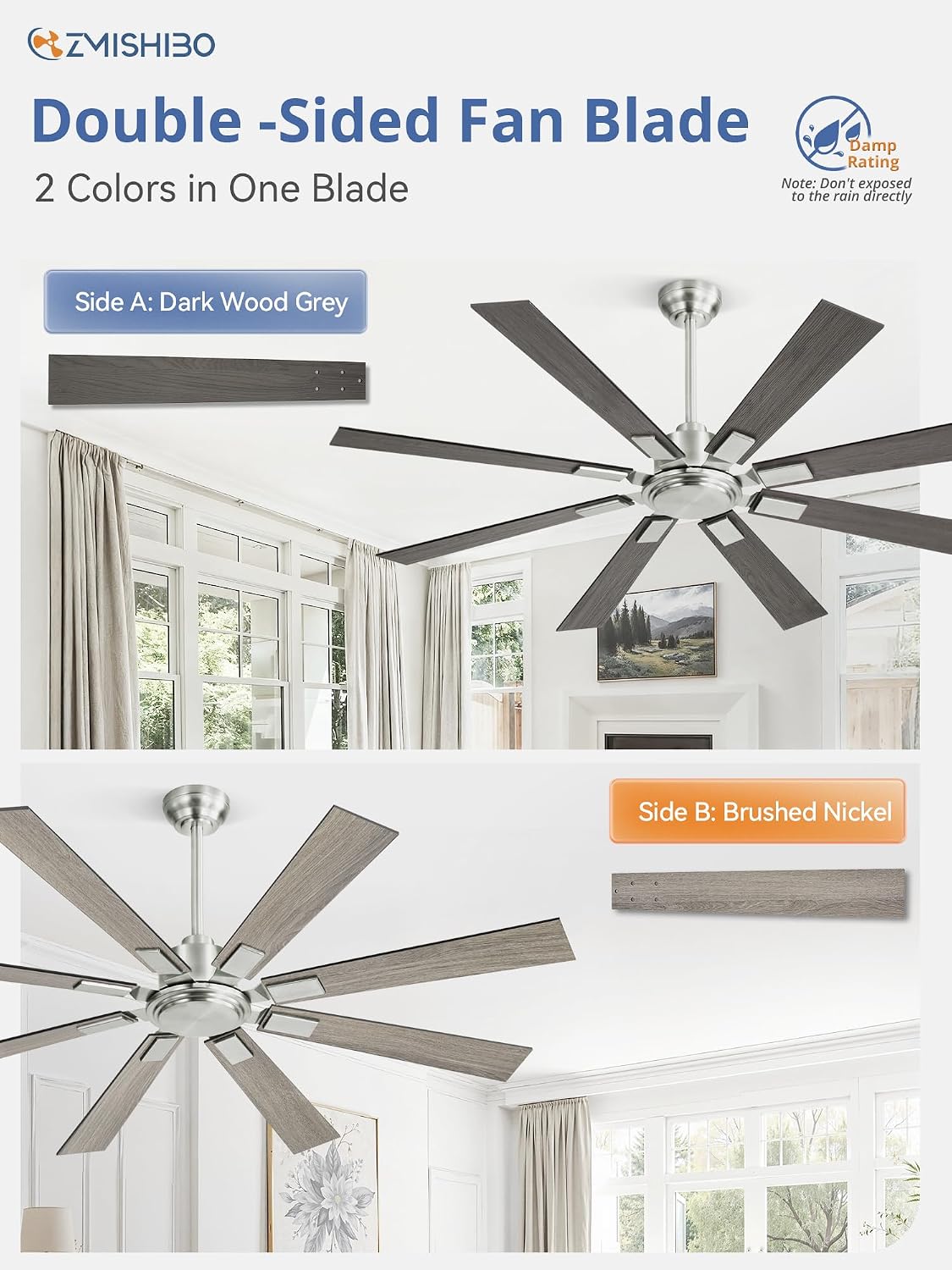 ZMISHIBO 62 Inch Ceiling Fans without Light, Brushed Nickel Modern Ceiling Fan no Lights, Quiet Reversible DC Motor, 6-Speeds, Outdoor Ceiling Fans for Patios, Living Room, Bedroom, Indoor/Outdoor Use