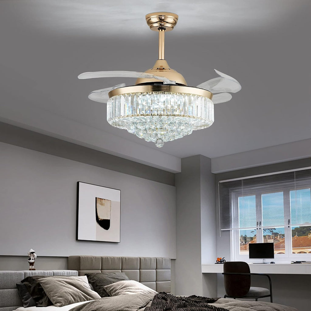42' Chandelier Ceiling Fan Lighting Dimmable Remote Control Fandeliers Crystal Ceiling Fan with Lights for Bedroom Living Room Speed 3 Light (Gold