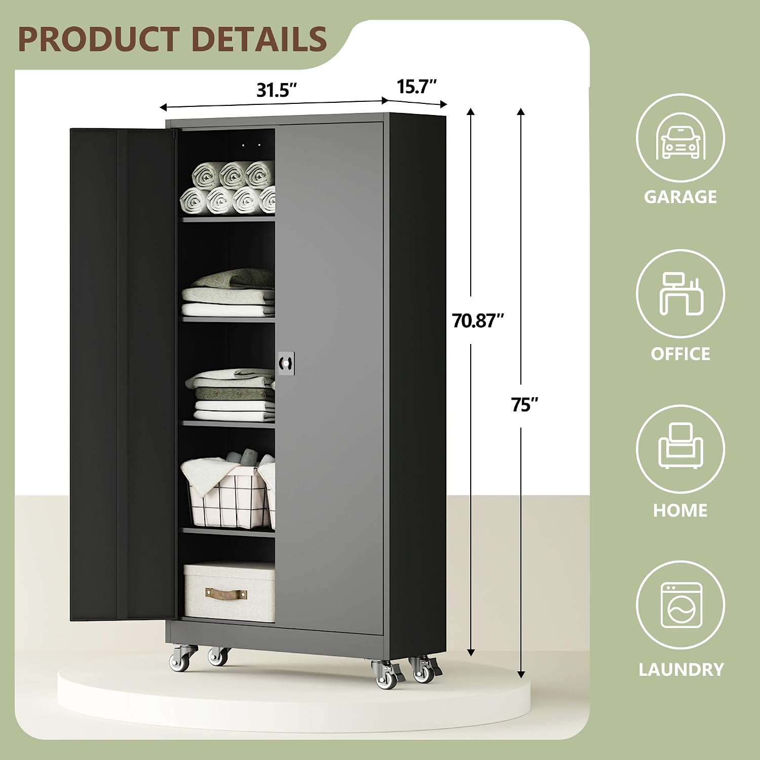 RAVIGIN Metal Garage Storage Cabinet with Wheels,75' H Locking Tool Cabinet with 2 Doors and 4 Adjustable Shelves Tall Cabinet for Garage, Heavy Duty File Cabinet for Office, School (Black)