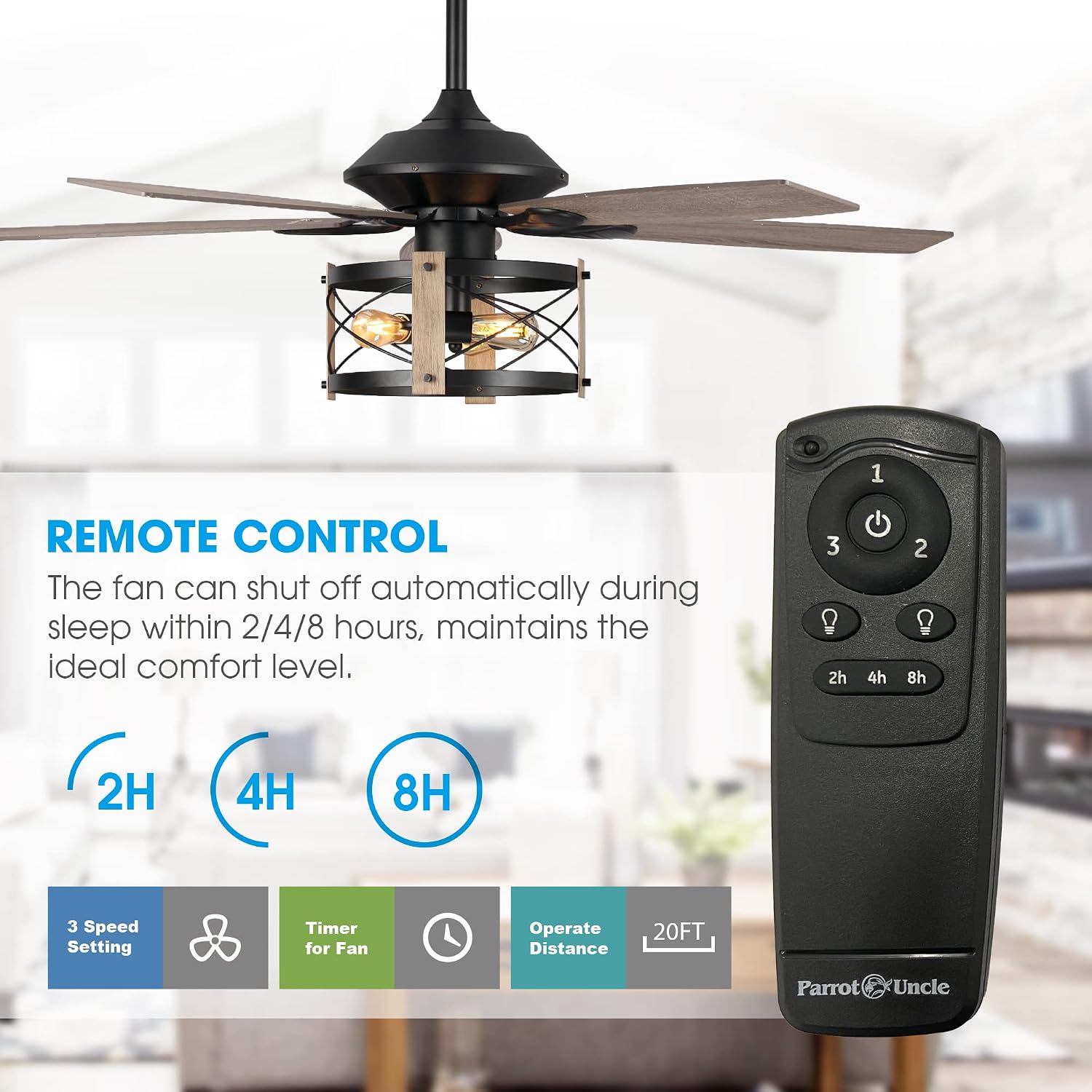 Parrot Uncle Ceiling Fans with Lights and Remote Farmhouse Ceiling Fan with Light 52 Inch Black Outdoor Ceiling Fans for Patios Covered, Reversible Motor