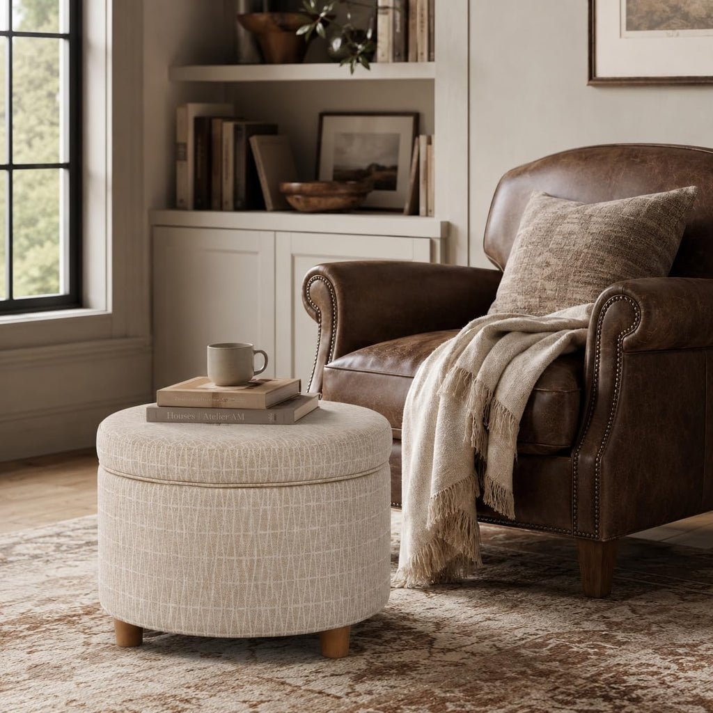 HomePop 24' Large Round Storage Ottoman - Tan Geometric Pattern