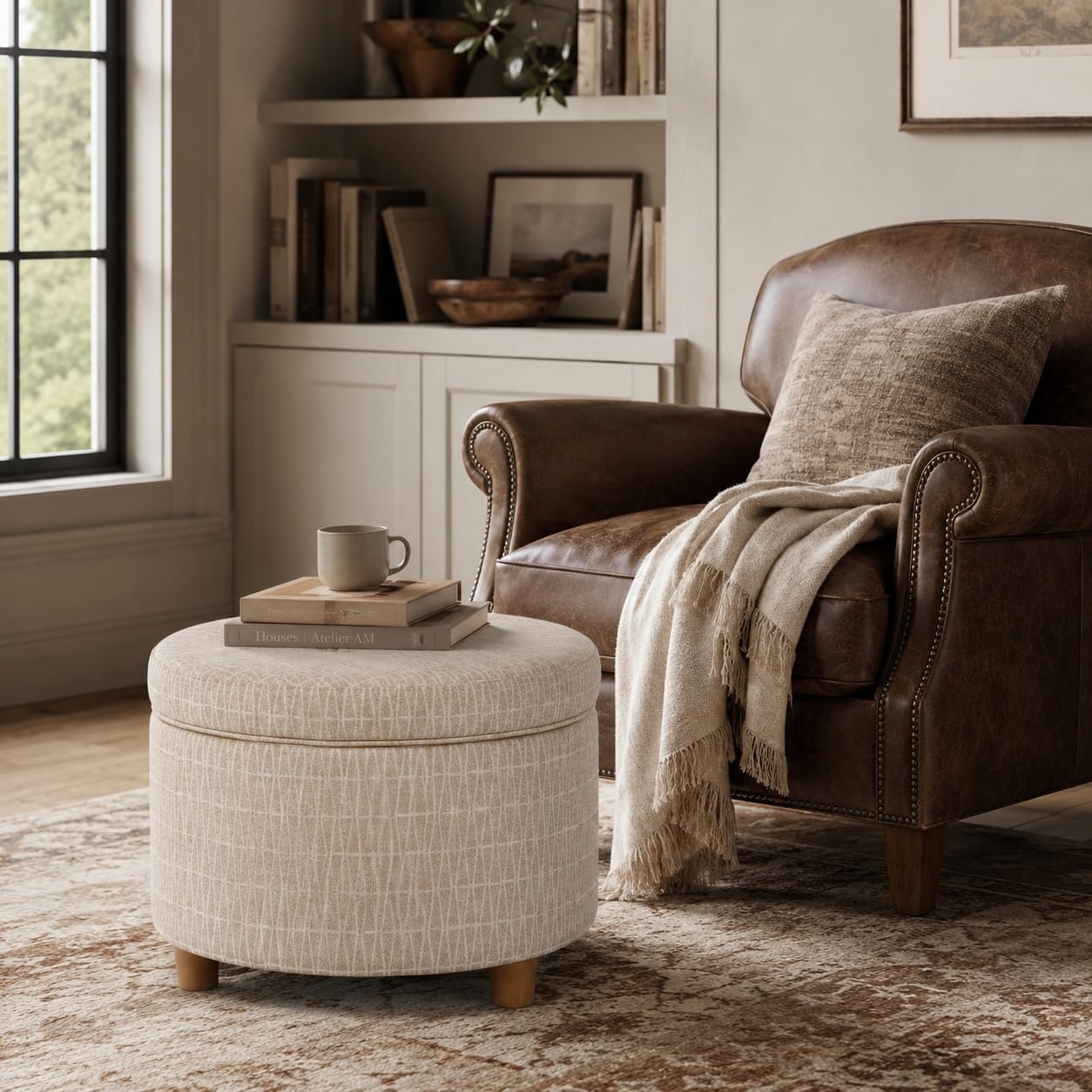HomePop 24' Large Round Storage Ottoman - Tan Geometric Pattern