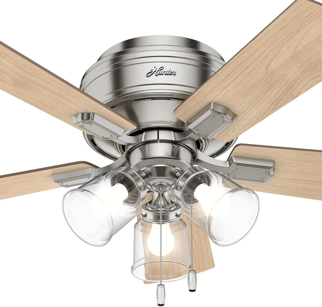 Hunter 42 inch Indoor Ceiling Fan with LED Lights and Pull Chain - Low Profile Flush Mount Ceiling Fan, 5 Blades, For Bedroom, Living Room, or Kitchen, Quiet - Crestfield 52154, Brushed Nickel