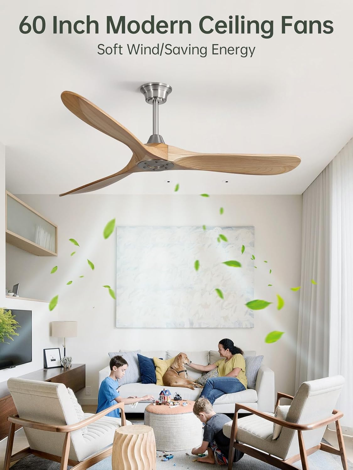 Sofucor 60 Inch Ceiling Fans No Light-Outdoor Ceiling Fan with Remote Control, 3 Blade Reversible DC Motor, Modern Wood Ceiling Fan Without Light for Bedroom Patios,Brushed Nickel&Natural Wood