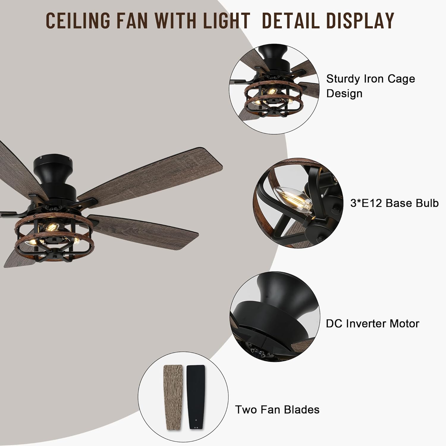 52' Farmhouse Ceiling Fans with Lights and Remote,Chandelier Ceiling Fan with 5 Double Colour Blades Reversible DC Motor,Rustic Caged Ceiling Fan for Living Room,Dining Room,Bedroom