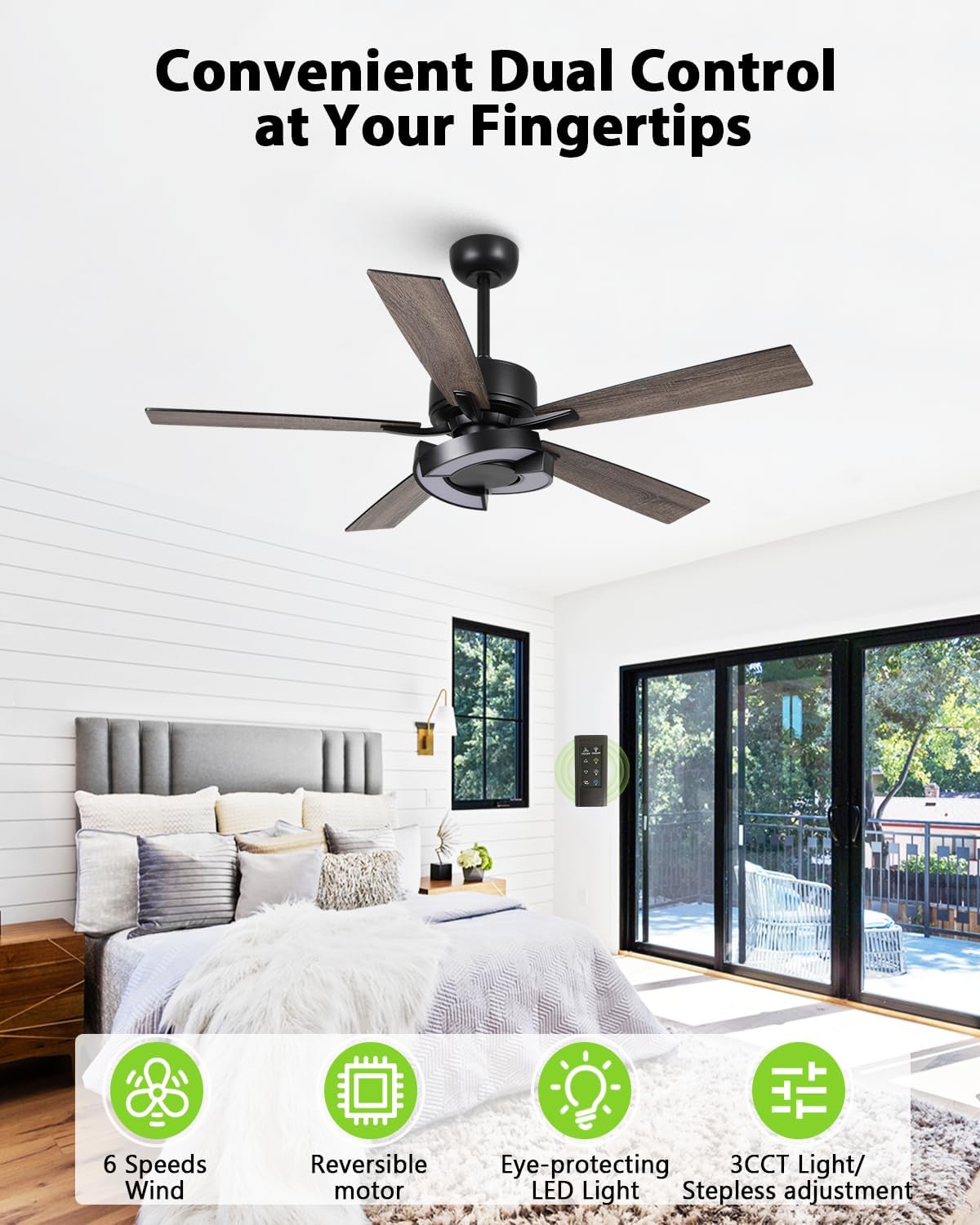 Ceiling Fans with Lights and Remote - Creative Black 52 inch Ceiling Fan with Light, 3CCT, 6 Speeds, Dual-Sided Reversible 5 Blades Indoor Outdoor Modern Chandelier Fan for Bedroom Living Room