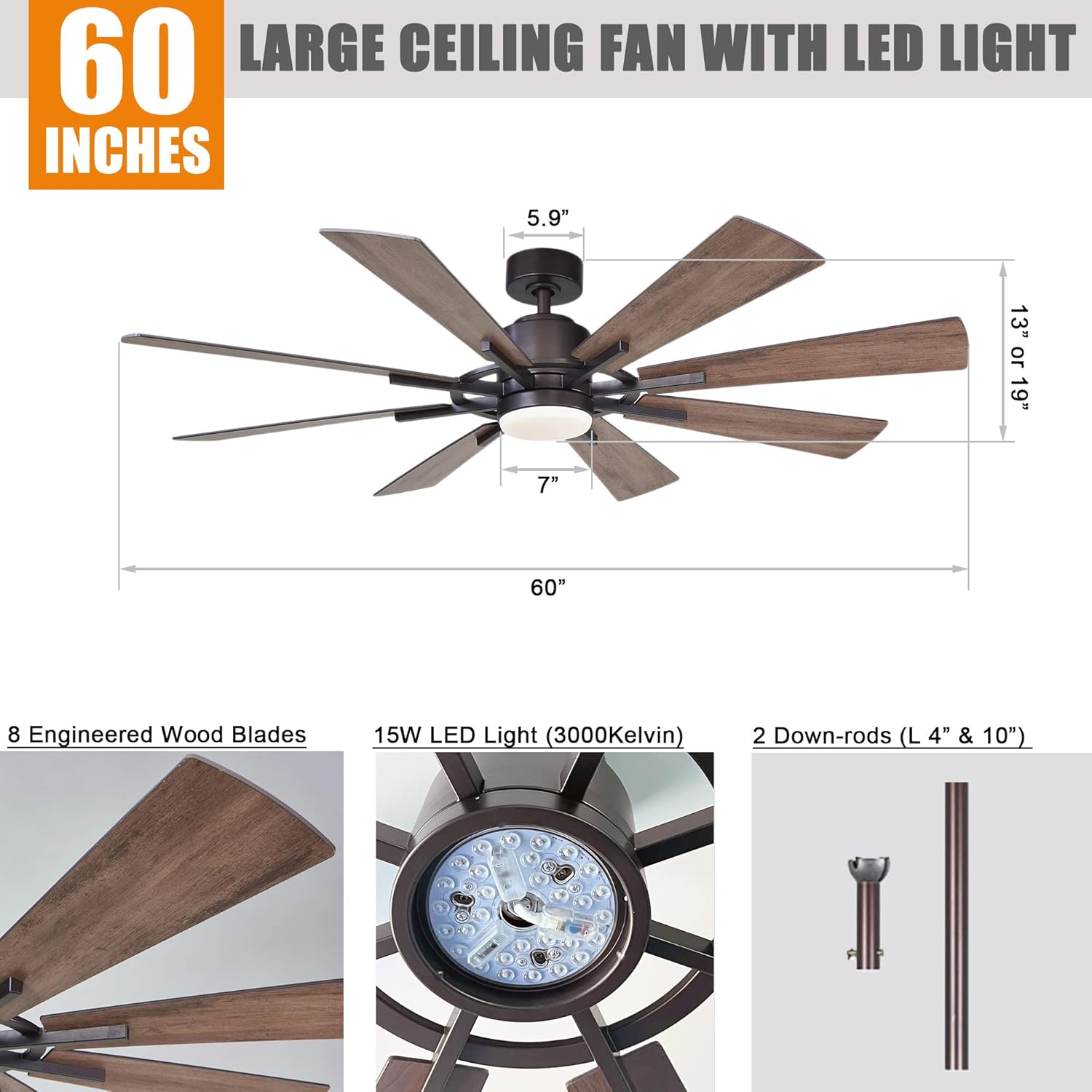 Ceiling Fans with Lights and Remote, 60 Inch Farmhouse Chandelier Ceiling Fan for Bedroom Rustic Lighting Ceiling Fans Outdoor Indoor, DC Motor Reversible 8 Blades, Noiseless, ETL, Oil Rubbed Bronze