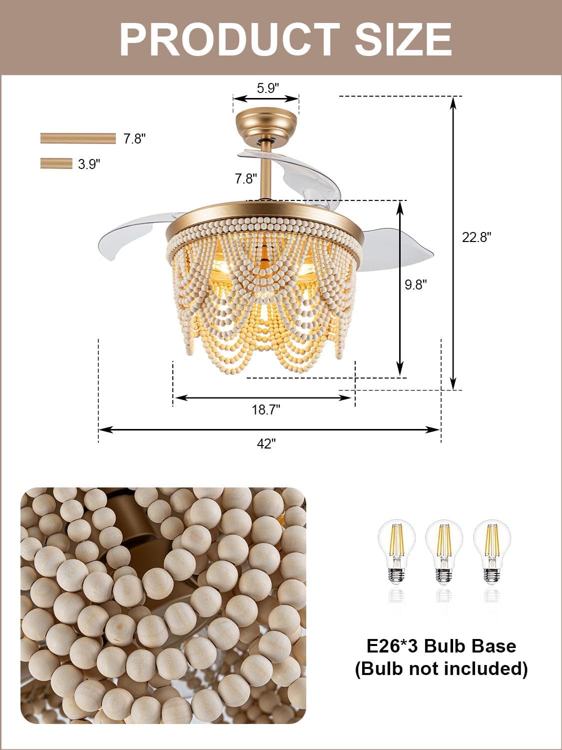 42 Inch Boho Fandelier Ceiling Fan with Light Retractable Ceiling Fan with Lights Wood Beaded Coastal Chandelier, 6 Speeds Reversible Quiet DC Motor for Bedroom Living Room