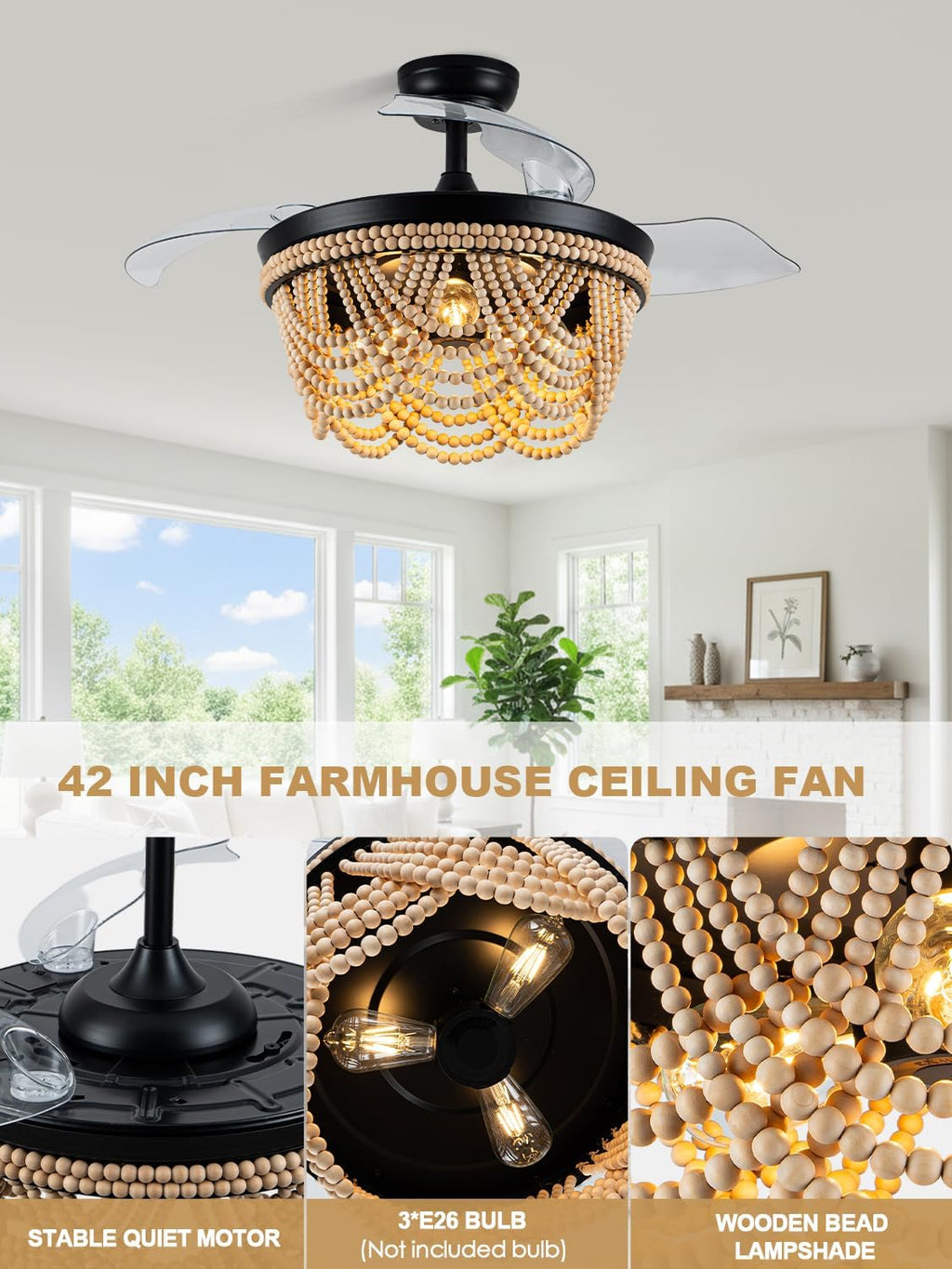Bella Depot 42 Inch Boho Ceiling Fan with Light, Flush Mount Wood Beaded Fandelier Chandelier Fan, 6 Speeds Reversible Bladeless Ceiling Fan for Bedroom Living Room Kitchen, Black
