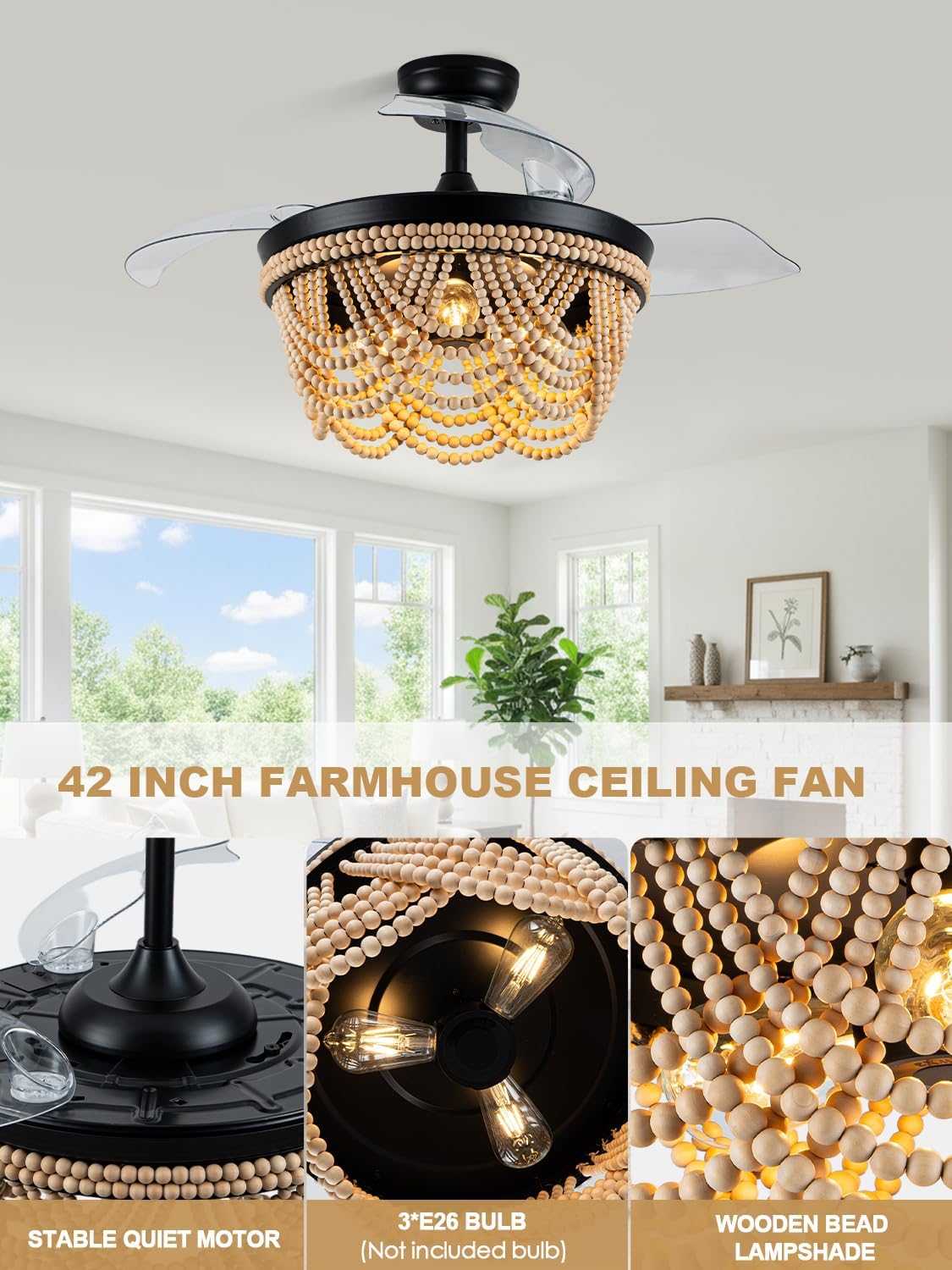 Bella Depot 42 Inch Boho Ceiling Fan with Light, Flush Mount Wood Beaded Fandelier Chandelier Fan, 6 Speeds Reversible Bladeless Ceiling Fan for Bedroom Living Room Kitchen, Black