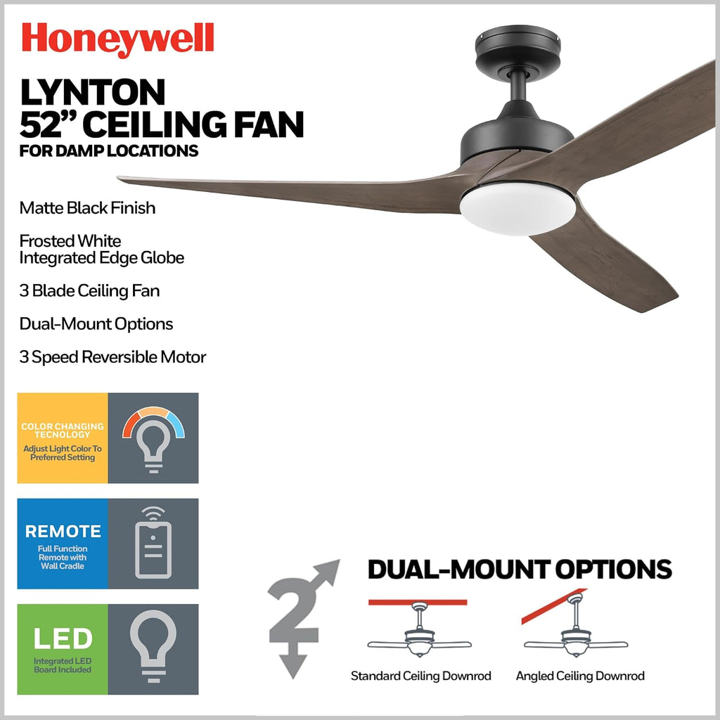 Honeywell Ceiling Fans Lynton, 52 Inch Indoor Outdoor Ceiling Fan with Color Changing LED Light, Remote Control, Charcoal Brown High Performance Blades, Reversible Airflow - 51853-01 (Black)