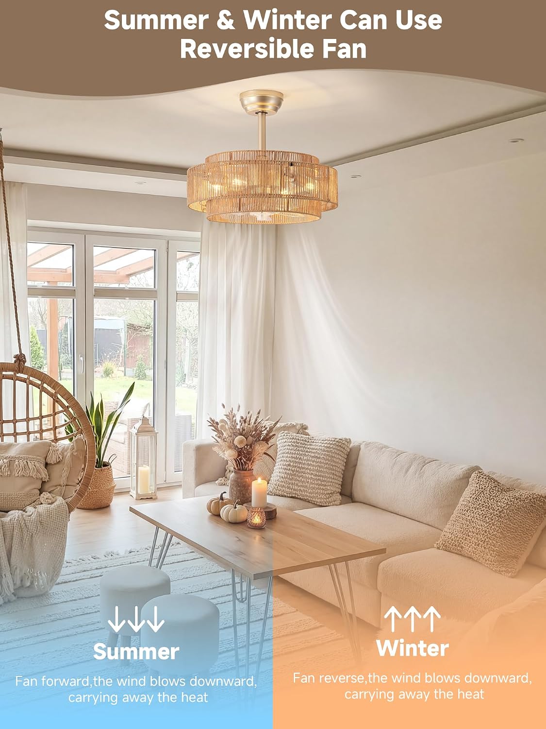 20'' Gold Boho Fandelier Ceiling Fan with Light, Rattan Chandelier with Light Remote Control, Caged with 6 Speeds for Bedroom, Nursery, Living Room