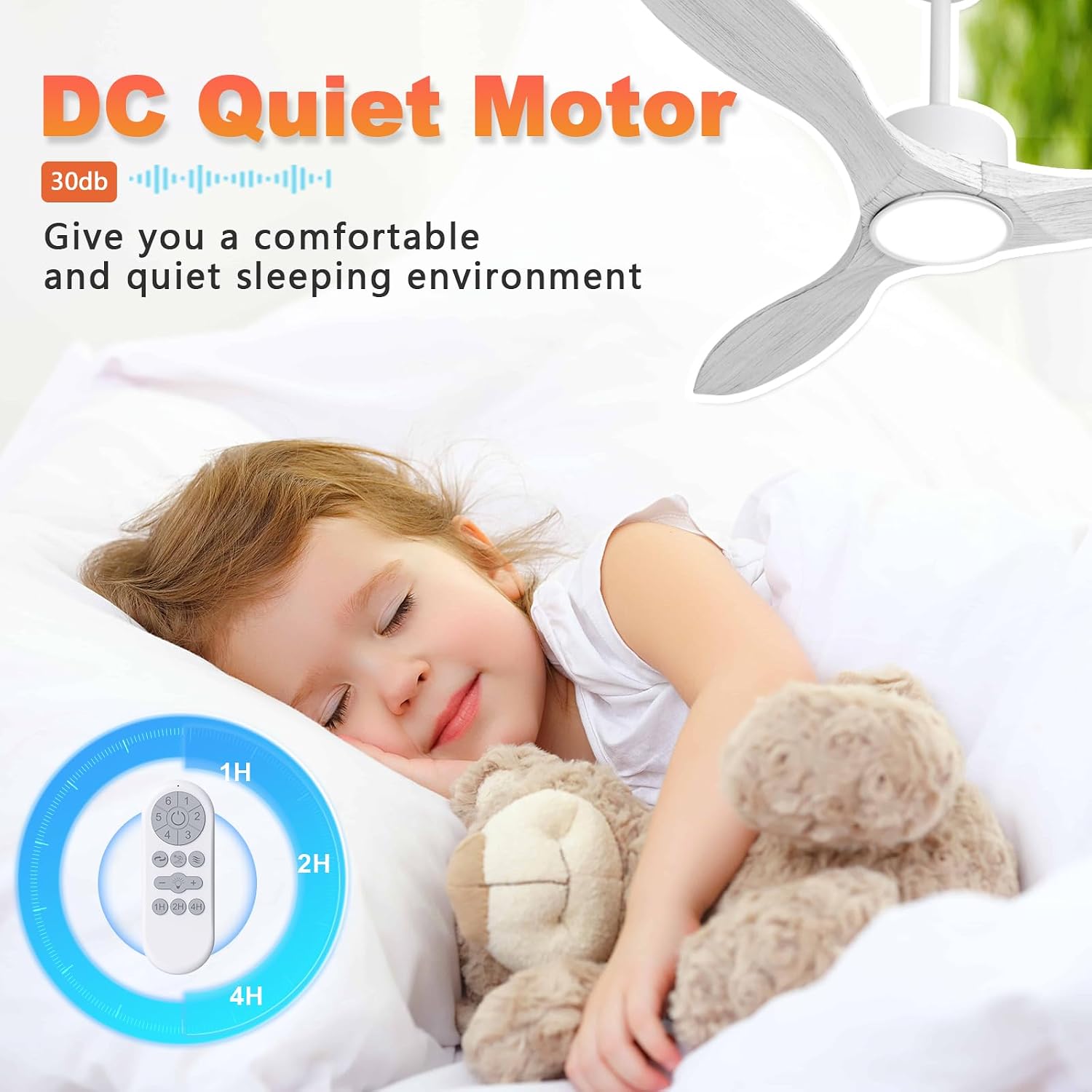 52 Inch White Ceiling Fan with Lights and Remote, Retro White Wood Low Profile Flush Mount Modern Ceiling Fan for Indoor Farmhouse Bedroom Living Room Outdoor Patio Porch, Reversible DC Motor