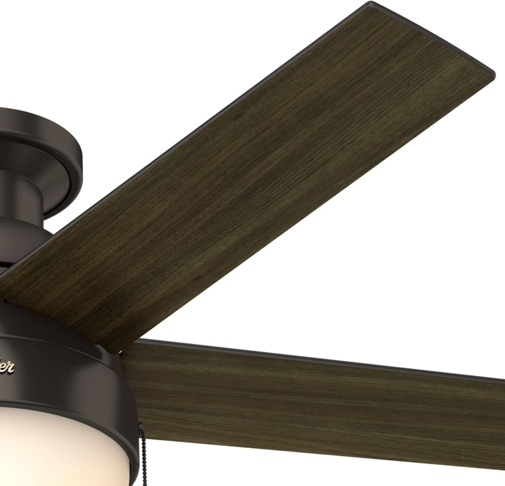 Hunter 46 inch Indoor Ceiling Fan with LED Light - Bronze Ceiling Fan with Pull Chain, For Bedroom, Living Room, or Kitchen, Low Profile Mount, No Remote, 5 Blades - Anslee 59268, Premier Bronze