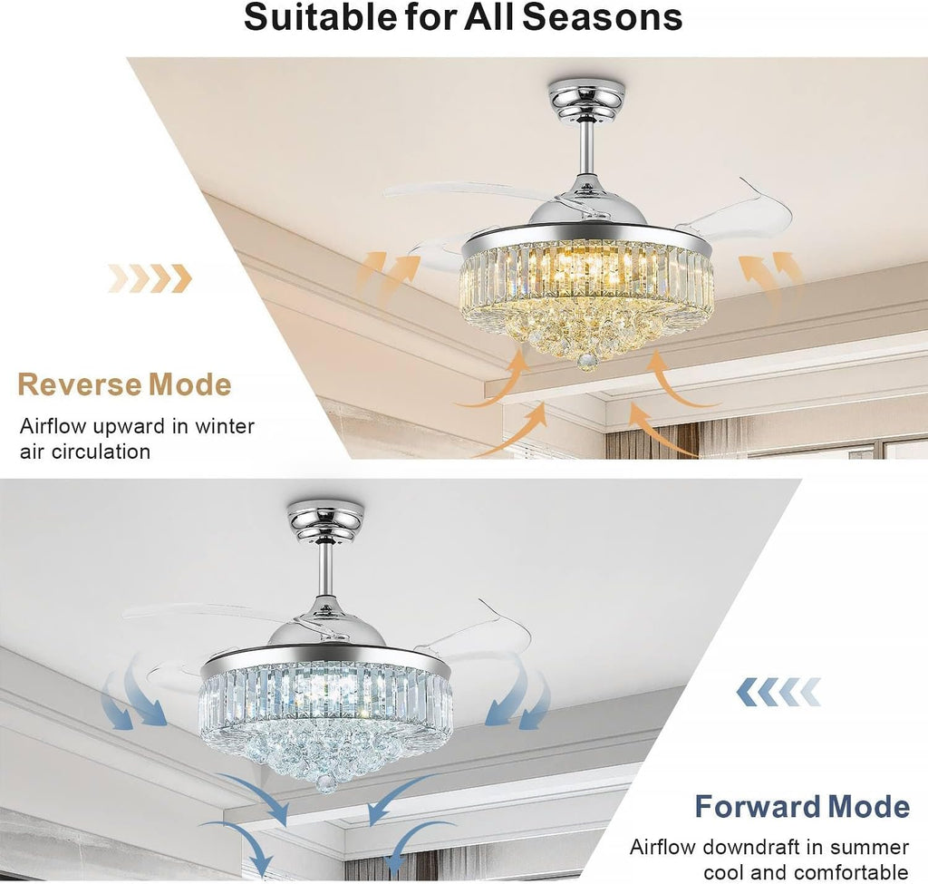 48 Inch Fandelier Ceiling Fans with Light, Chandelier Ceiling Fan, Retractable Ceiling Fan for Bedroom, Living Room, 3 Color Change, LED Dimmable, 6 Speeds, Reversible DC Motor- Chrome