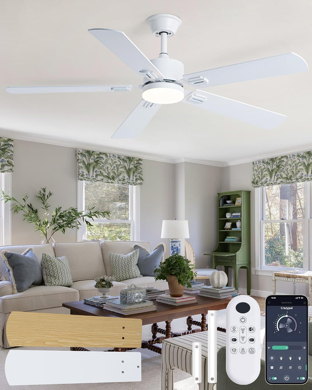Coolwind 56 Inch White Bedroom Ceiling Fan with Display Remote/APP Control, Quiet Ceiling Fan with Light with 8 Speeds & 3CCT, Dimmable, Timer, DC Reversible Motor for Indoor/Ourdoor