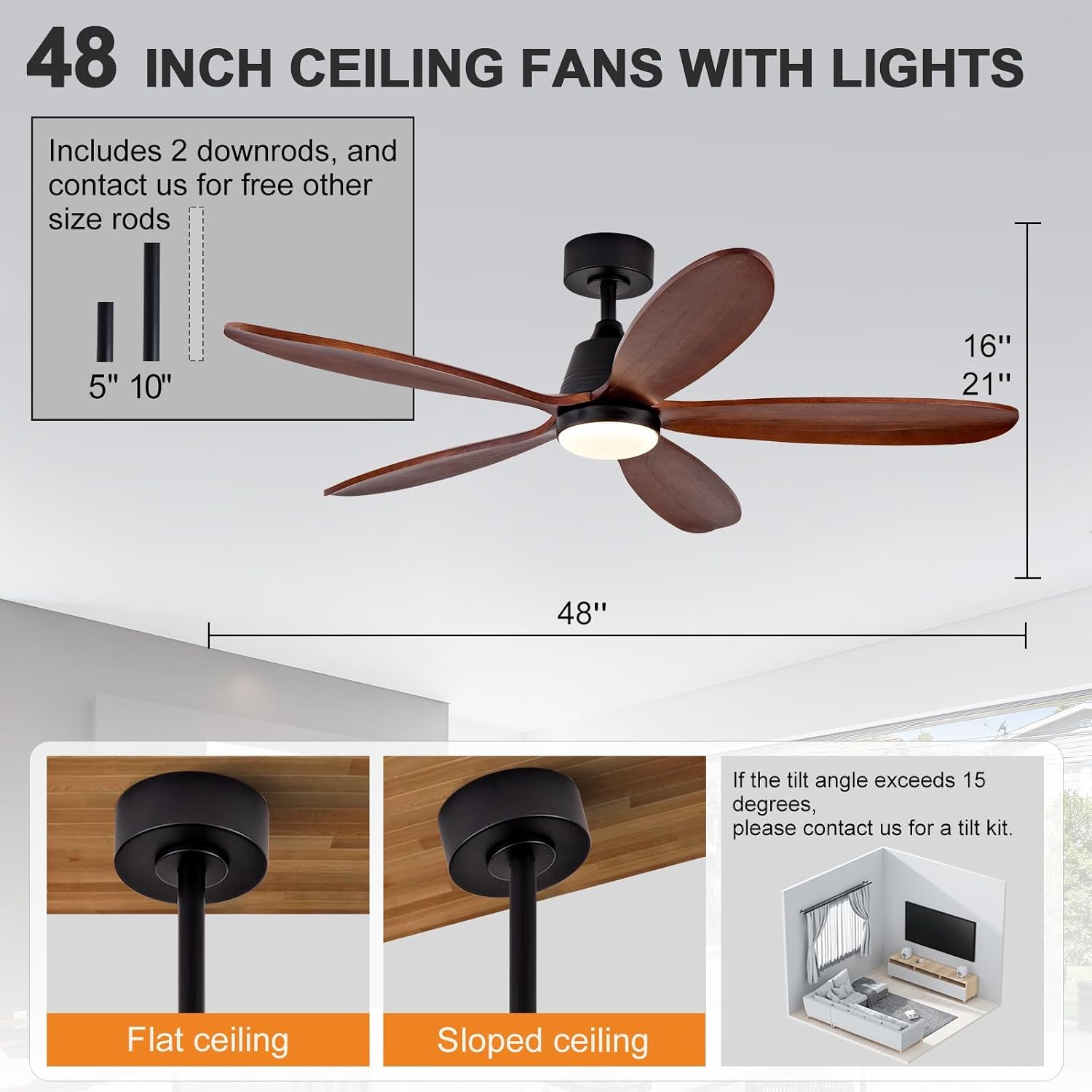 48 Inch Wood Ceiling Fans with Lights and Remote, Modern Outdoor Ceiling Fan with Light for Patio, Dimmable, 5 Blades, Wall Switch, Reversible DC Motor, Memory Function (Black Walnut)