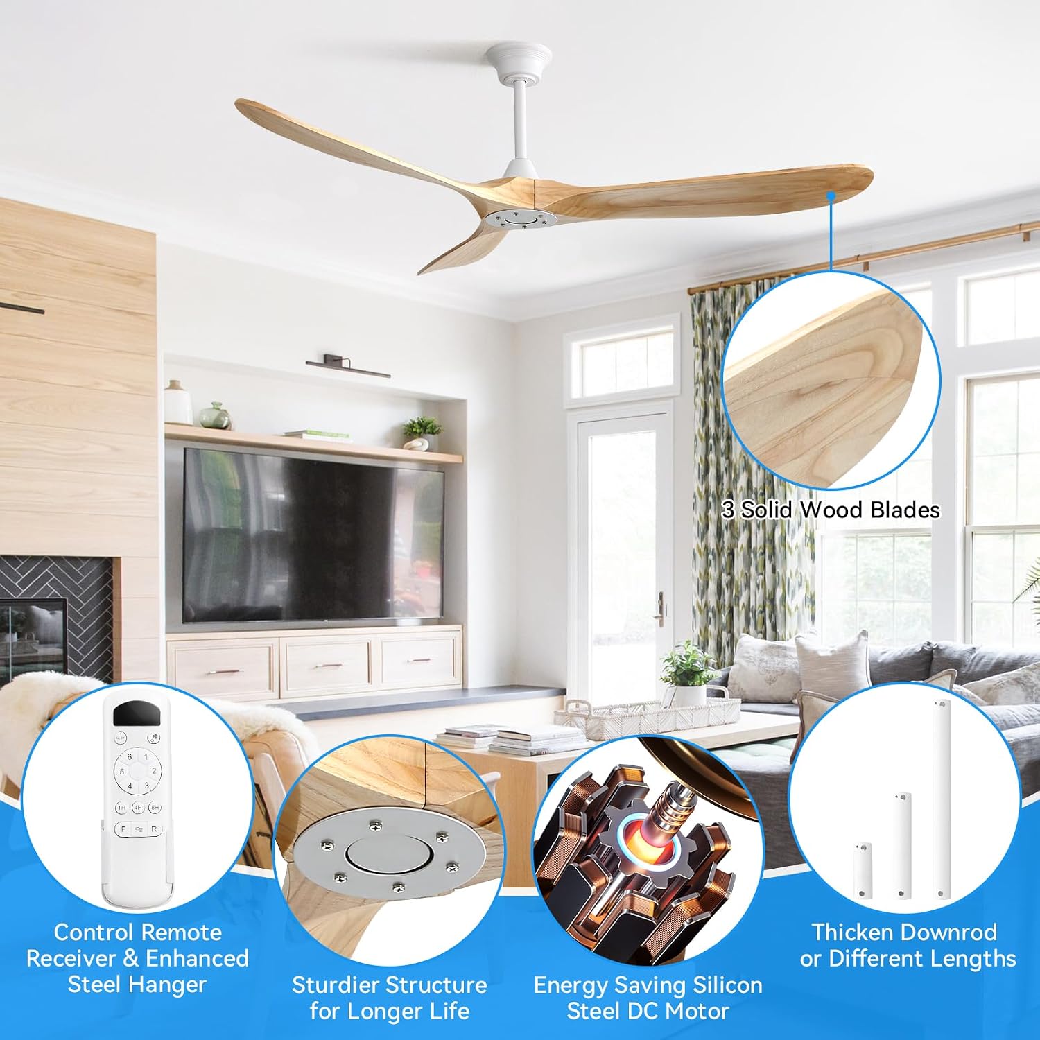 Sofucor 60 Inch Ceiling Fans No Light-Outdoor Ceiling Fan with Remote Control, 3 Blade Reversible DC Motor, Modern Wood Ceiling Fan Without Light for Bedroom Indoor Patios Farmhouse, Burlywood