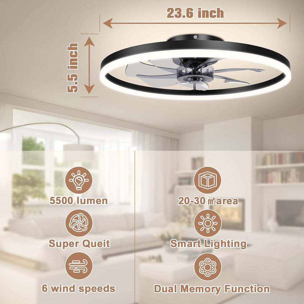 VOLISUN Low Profile Ceiling Fans with Light and Remote,No Assembly,23.6in Fandelier Ceiling Fan with Lights, 3000K-6500K Dimmable Flush Mount LED Fan Light, Black Bladeless Ceiling Fans for Bedroom
