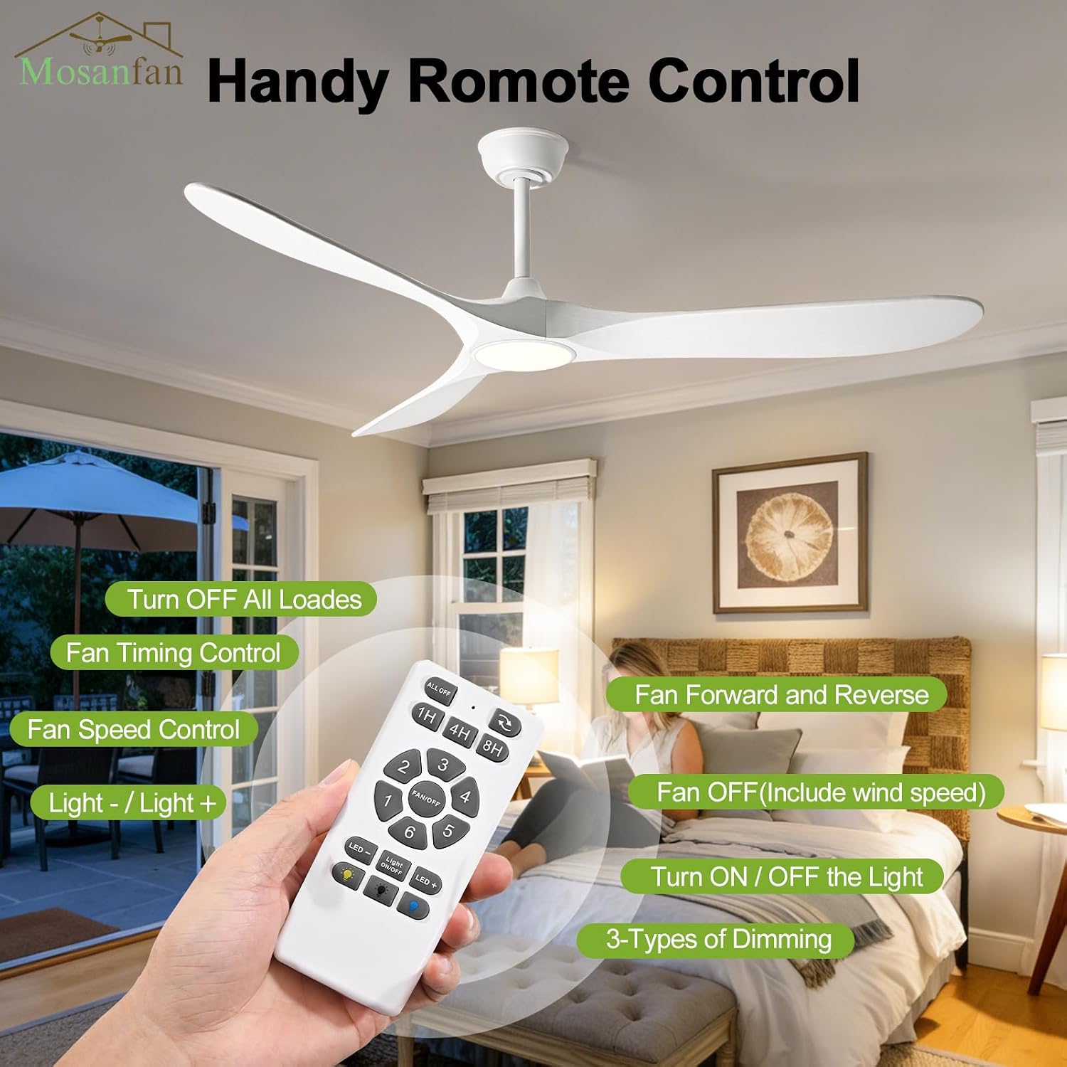 60'' Ceiling Fans with Lights and Remote, Wood Outdoor Ceiling Fan with 6 Speed Noiseless DC Motor, Indoor Modern 3 Blade Propeller Ceiling Fan for Bedroom Living Room Gazebo Patio (White)