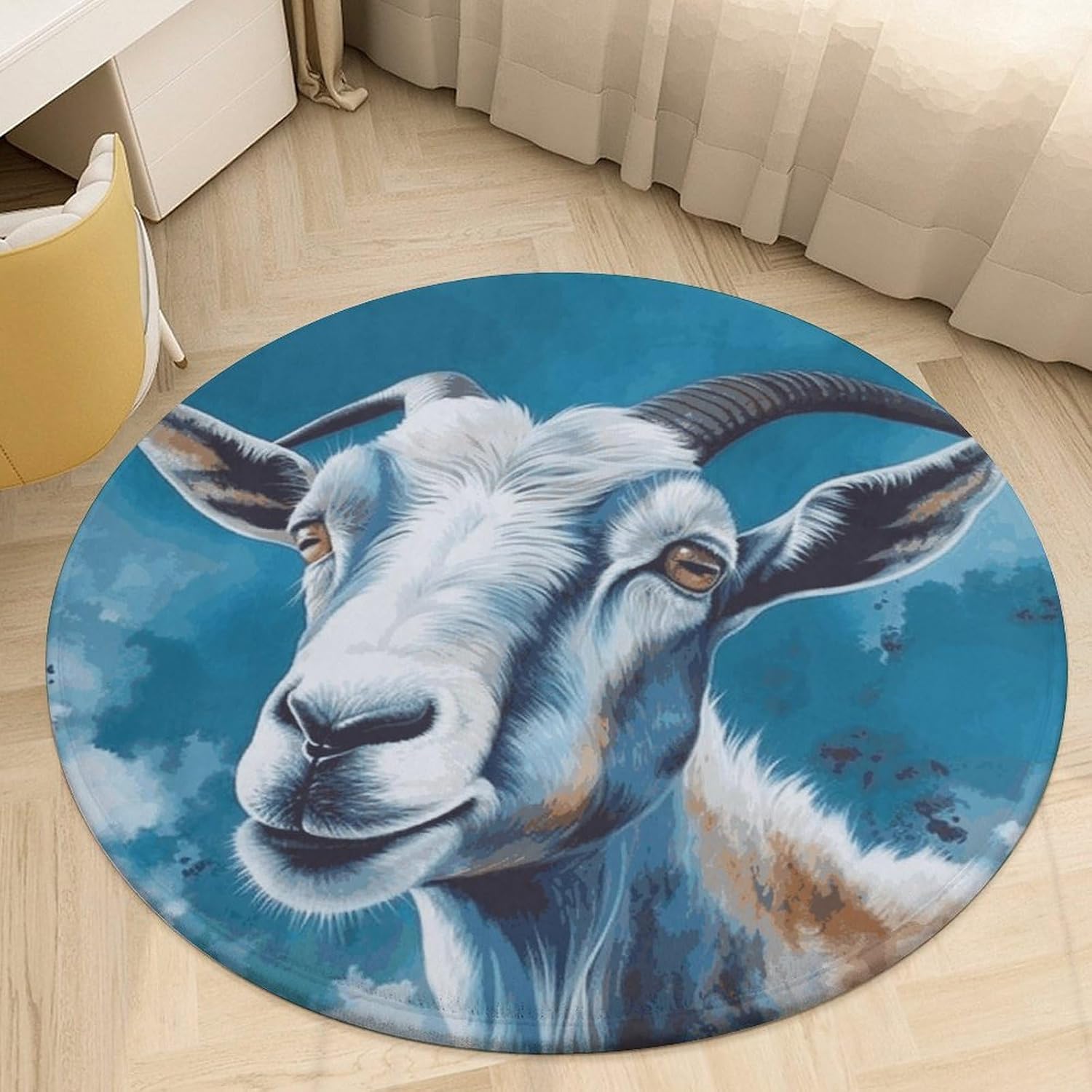 Blue Goat Print Coral Velvet Round Floor Mat Non-Slip Bath Rug Floor Covering for Bathroom Vanity Guest Suite & Vacation Home