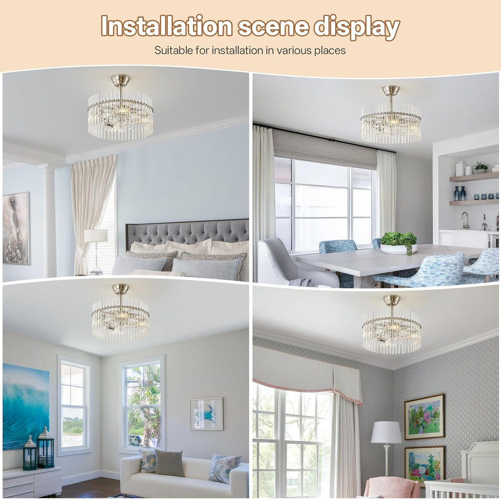 20' Silver Crystal Fandelier Ceiling Fans with Lights, Silver Crystal Chandelier Ceiling Fan with Light Remote Control, 6 Speeds for Bedroom, Living Room, Nursery