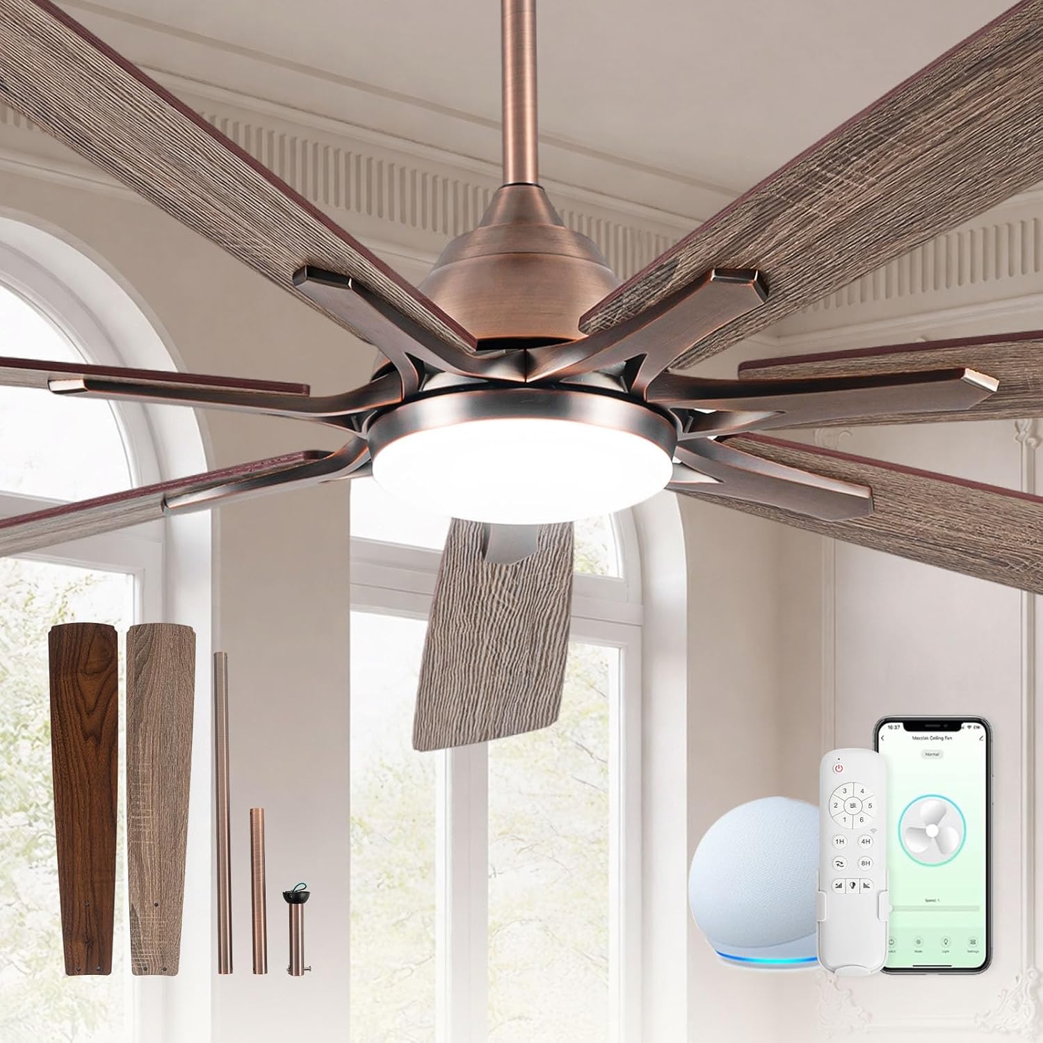 Minislak 72' Oil Rubbed Bronze Smart Ceiling Fan with Light via WiFi Alexa,6-Speeds Quiet DC Motor,Dimmable,Outdoor Antique Bronze Large Ceiling Fan for Living Room,Patio,Dual Finish 7 Blades