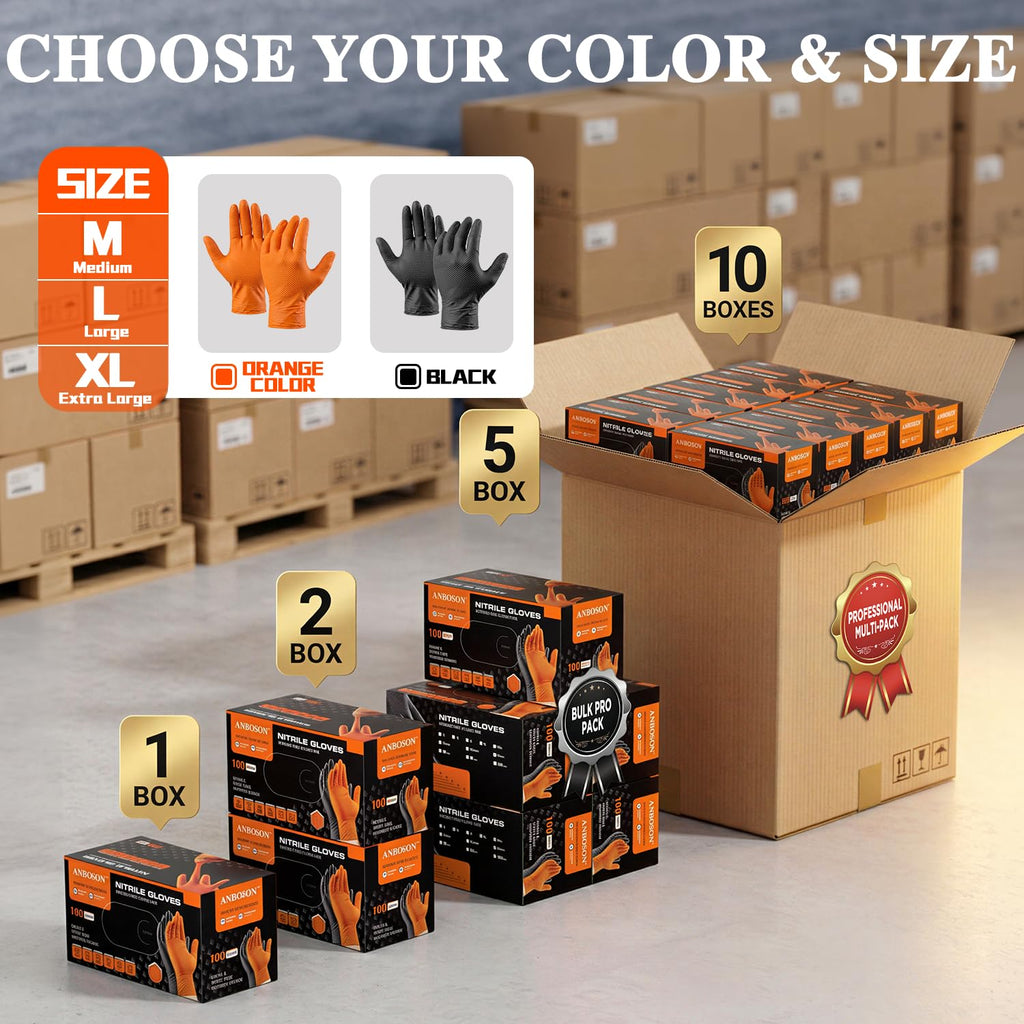 ANBOSON 10mil Nitrile-Gloves Disposable - Chemical-Resistant Rubber - Mechanic Gloves Heavy Duty, Latex Free, Diamond Grip (1000,Black Large)