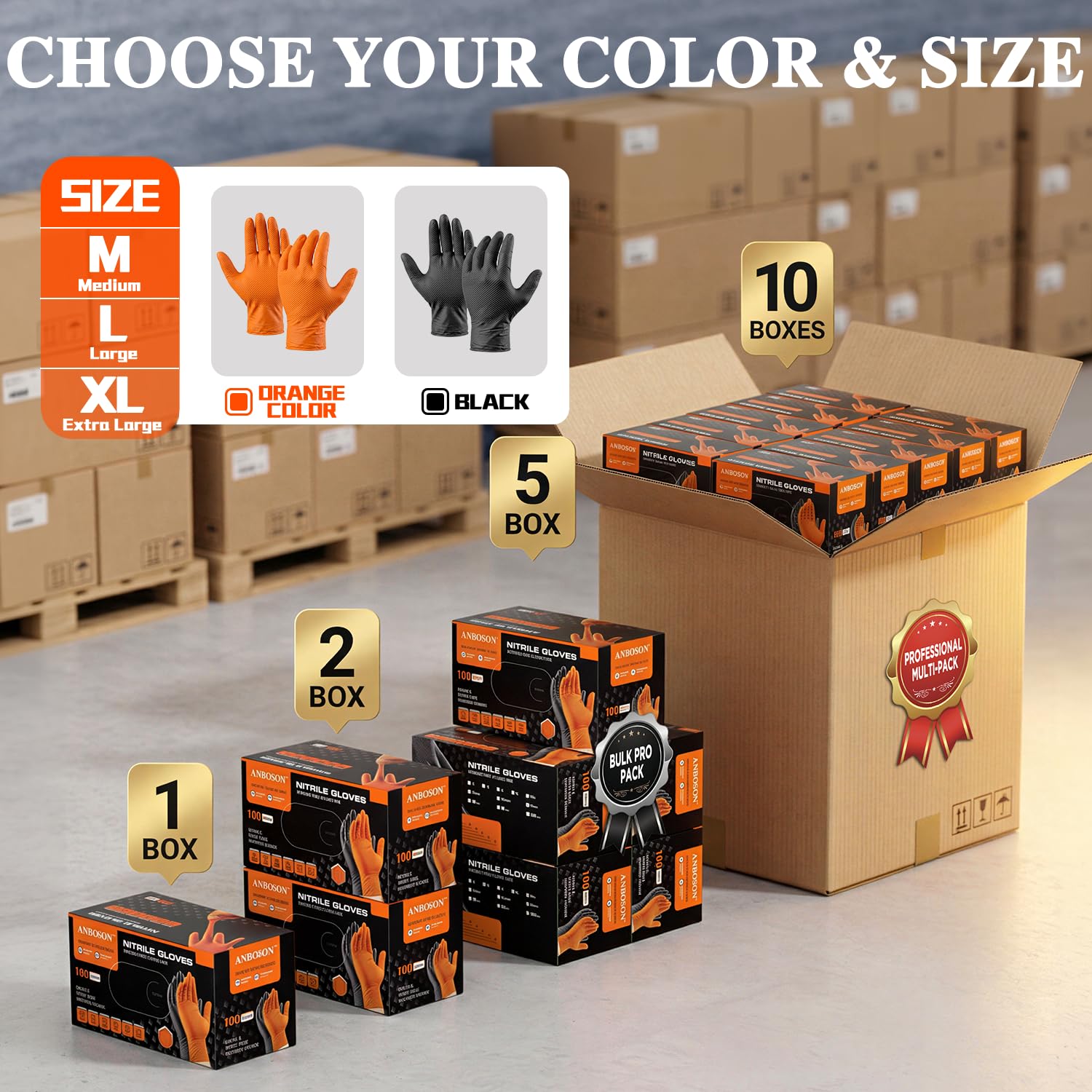 ANBOSON 10mil Nitrile-Gloves Disposable - Chemical-Resistant Rubber - Mechanic Gloves Heavy Duty, Latex Free, Diamond Grip (1000,Black Large)