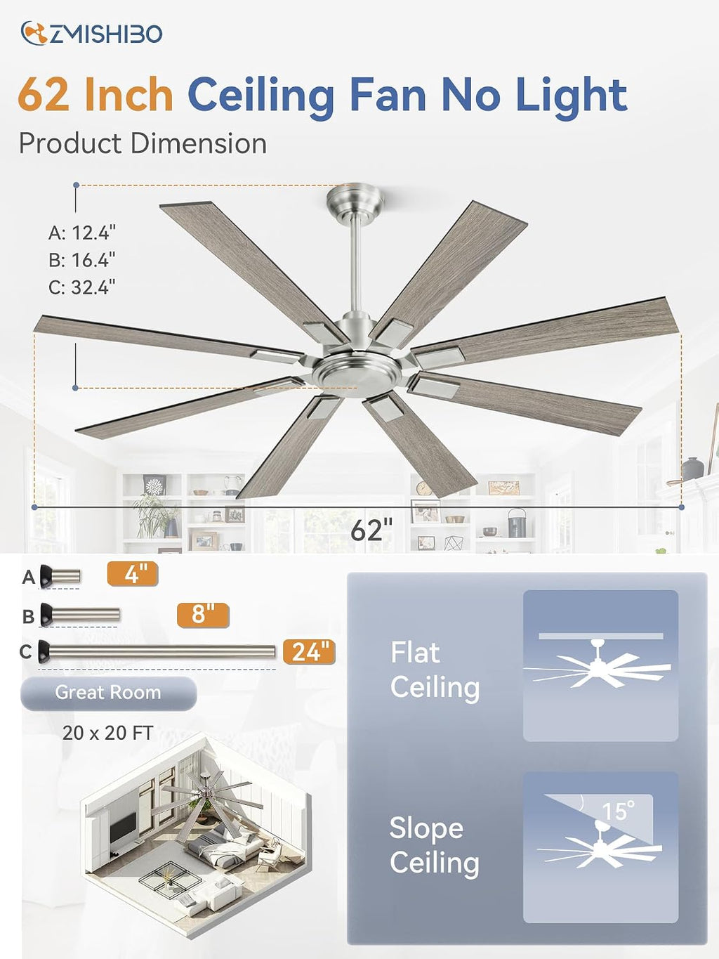 ZMISHIBO 62 Inch Ceiling Fans without Light, Brushed Nickel Modern Ceiling Fan no Lights, Quiet Reversible DC Motor, 6-Speeds, Outdoor Ceiling Fans for Patios, Living Room, Bedroom, Indoor/Outdoor Use