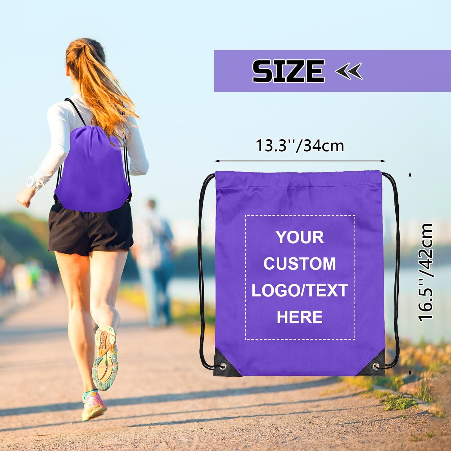 Grneric Custom Drawstring Bags Bulk 10/20/50/100/200 Pack, Promotional Items With Your Logo Personalized String Backpack for Gym, Sport, Travel, Purple