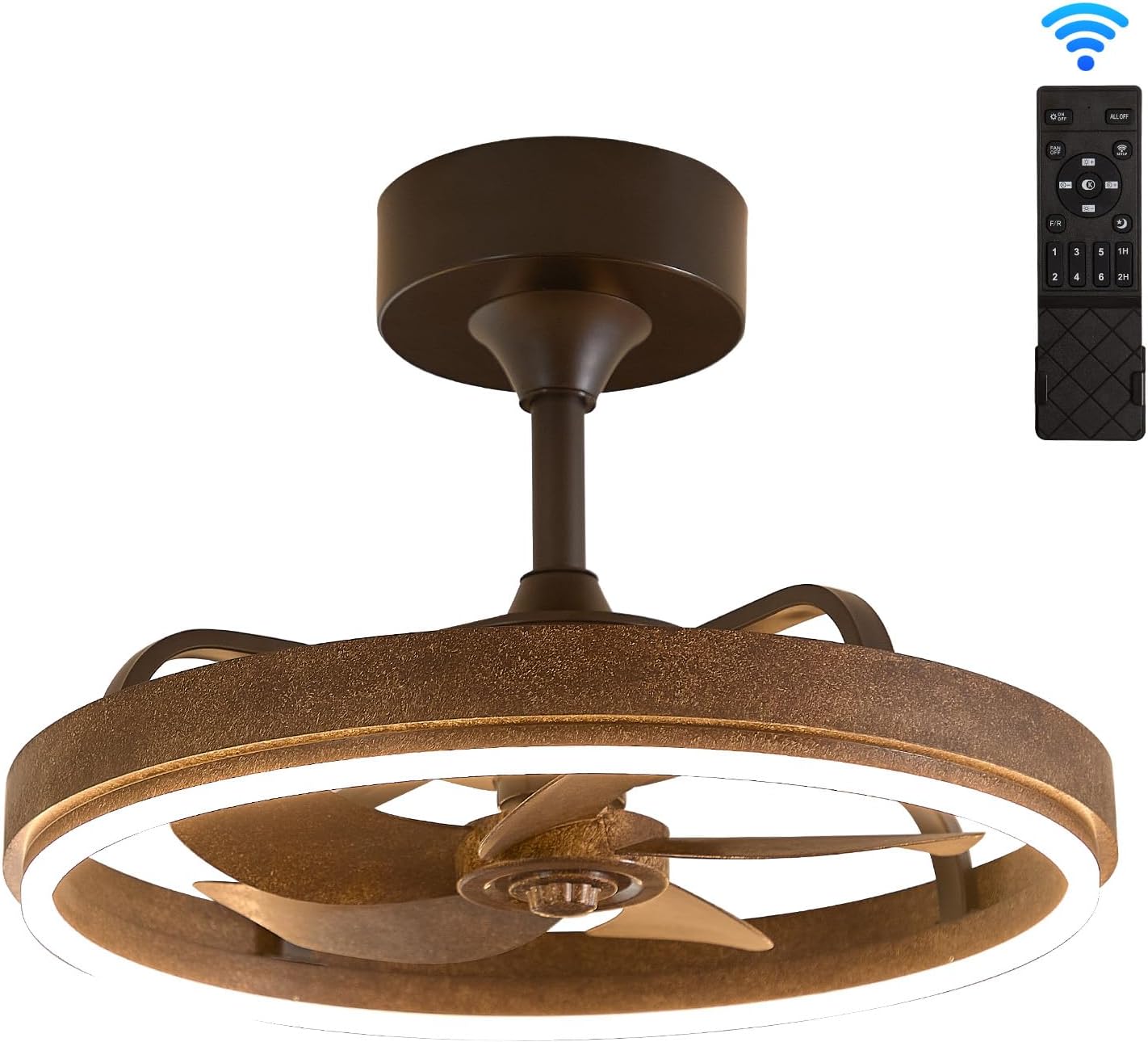 Farmhouse Fandelier Retro Ceiling Fan with Light, 20' Rustic Brown Dimmable LED Chandelier Ceiling Fans, Low Profile Smart Bladeless Ceiling Fan Lights 6 Speeds for Bedroom, Living Room