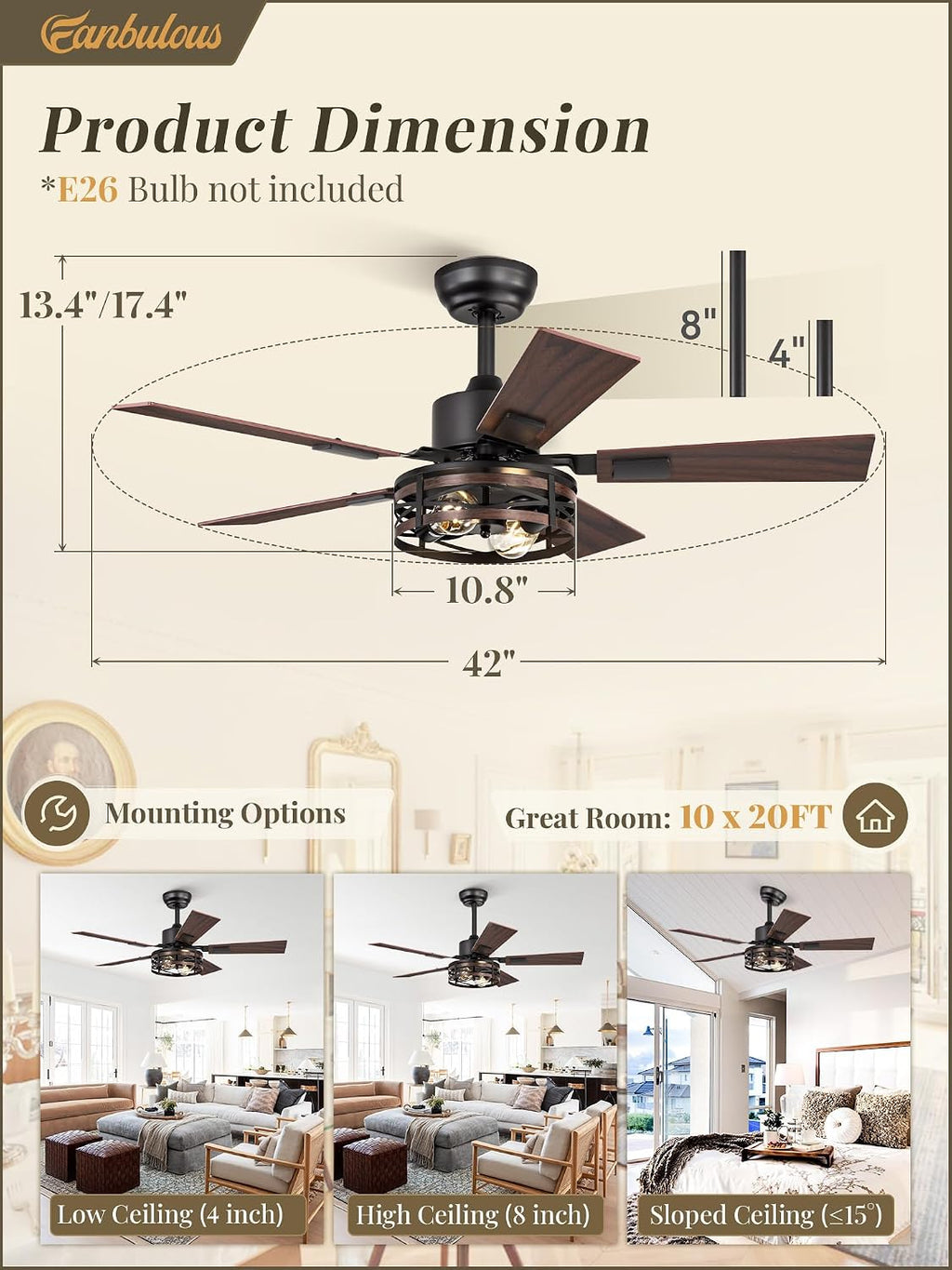 Fanbulous Farmhouse Ceiling Fans with Light, 42 Inch Bedroom Ceiling Fan with Lights, 6-Speed Adjustable, Quiet and Reversible DC Motor, Dual Finish 5 Blades, Rustic Caged Ceiling Fan for Living Room
