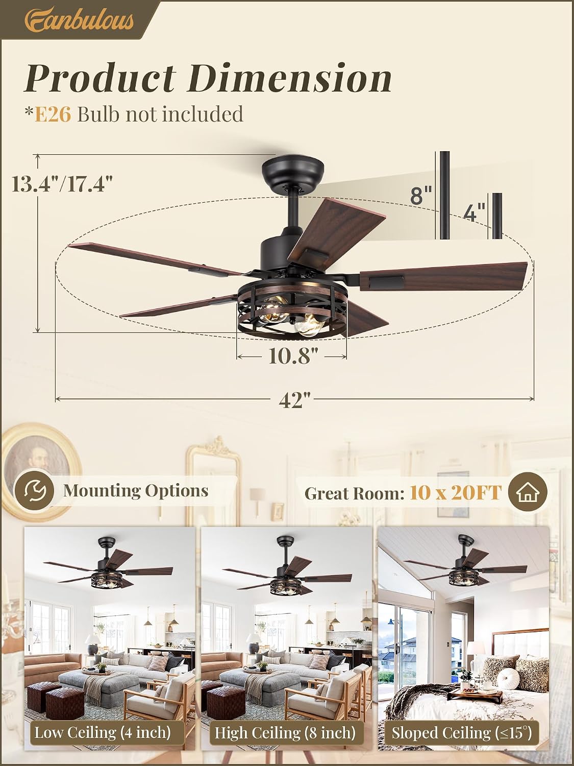 Fanbulous Farmhouse Ceiling Fans with Light, 42 Inch Bedroom Ceiling Fan with Lights, 6-Speed Adjustable, Quiet and Reversible DC Motor, Dual Finish 5 Blades, Rustic Caged Ceiling Fan for Living Room