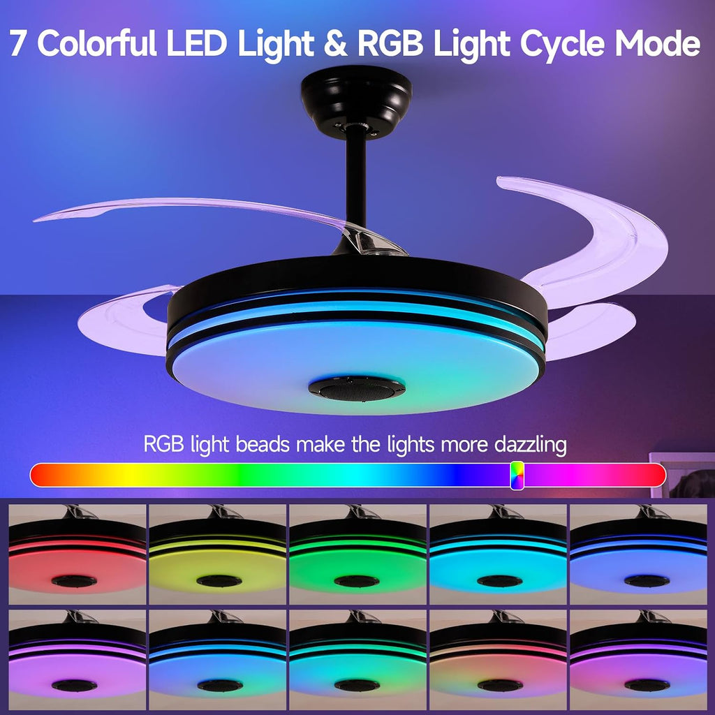 48 Inch Retractable Ceiling Fans with Lights, RGB Ceiling Fan with Remote Control,Speaker, Dimmable, 6 Speed Reversible Smart Ceiling Fans for Living Room Bedroom