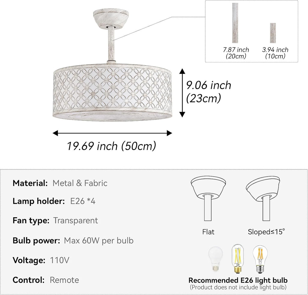 White Fandelier Ceiling Fan with Light, 20' Caged White Chandelier Ceiling Fans with Lights Remote Control, Fabric Mid-Century Modern with 6 Speeds for Bedroom, Nursery, Living Room.