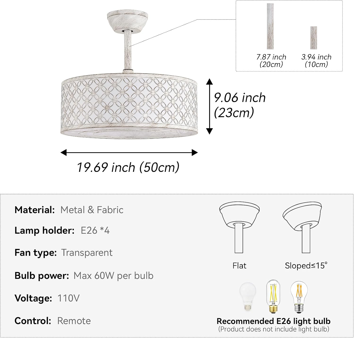 White Fandelier Ceiling Fan with Light, 20' Caged White Chandelier Ceiling Fans with Lights Remote Control, Fabric Mid-Century Modern with 6 Speeds for Bedroom, Nursery, Living Room.