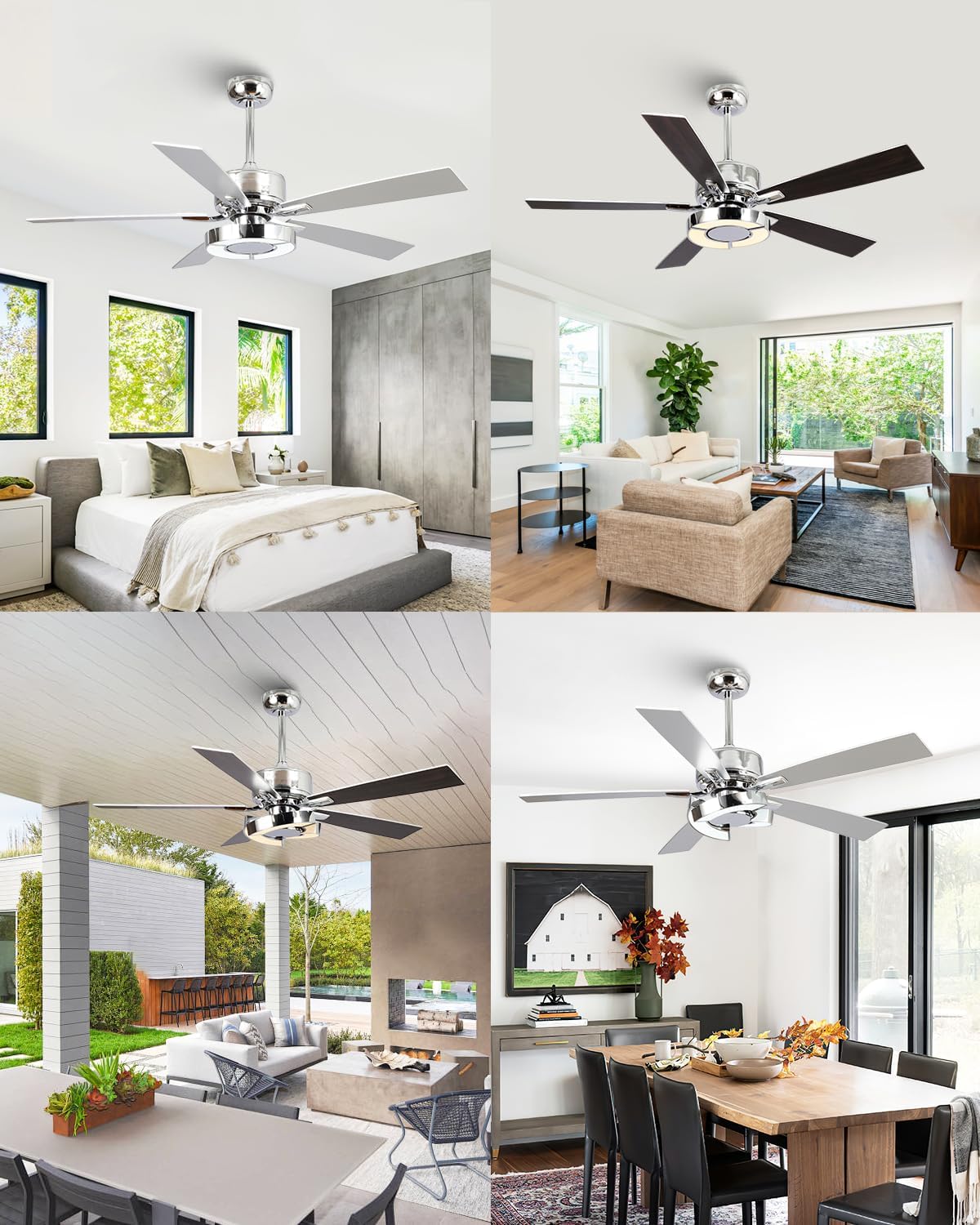 52 Inch Silver Ceiling Fans with Lights and Remote, Creative Modern Ceiling Fan, 3CCT, 6 Speeds, Quiet, Dual-Sided Reversible 5 Blades Indoor Outdoor Chandelier Fan for Bedroom Living Room