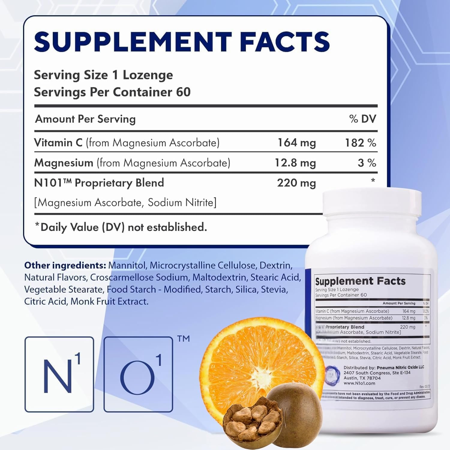 N1O1 Nitric Oxide Lozenges for Heart Health Support - Dietary Supplement for Blood Flow, Oxygenation and Blood Pressure - 180 Count