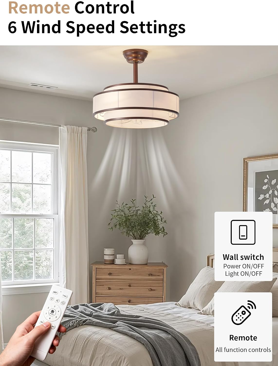 20' Caged Ceiling Fans with Lights and Remote, Fandelier Ceiling Fan with Light, Modern Bladeless Quiet Reversible Motor 6 Speeds for Bedroom, Nursery, Living Room, Brown