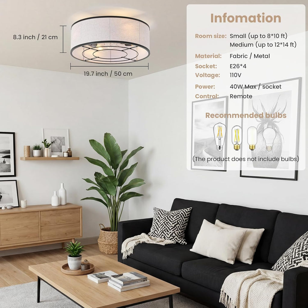 20 Inch Boho Ceiling Fan with Light, Low Profile Flush Mount Caged Ceiling Fan, Bladeless Black Drum Chandelier with Remote, 6 Speed Reversible DC Motor for Bedroom Living Room, Nursery