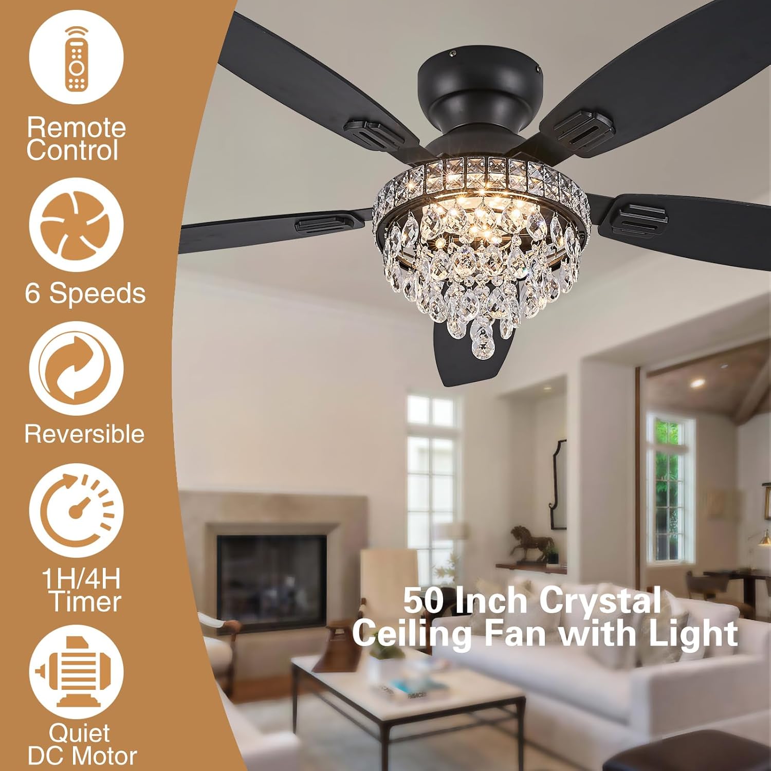 Crystal Ceiling Fan Fandelier with Lights-Ceiling Fans with Lights,50' Low Profile and Remote Control, Flush Mount, Reversible, Dimmable, Noiseless, Black Ceiling Fan for Bedroom