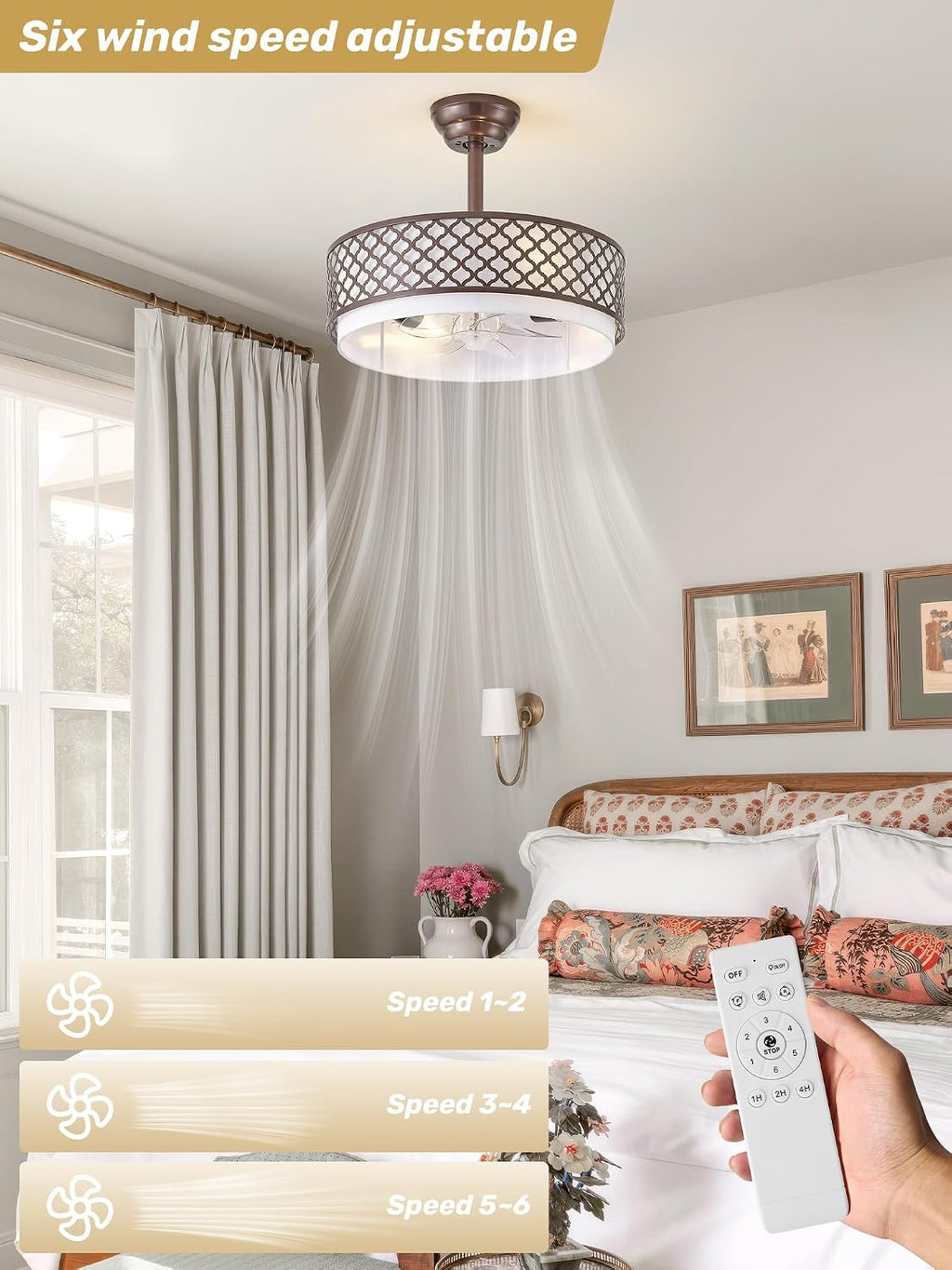 20' Brown Fandelier Ceiling Fan with Lights, Rustic Farmhouse Caged Ceiling Fan with Light Remote Control, Rattan with 6 Speeds for Bedroom, Nursery, Living Room
