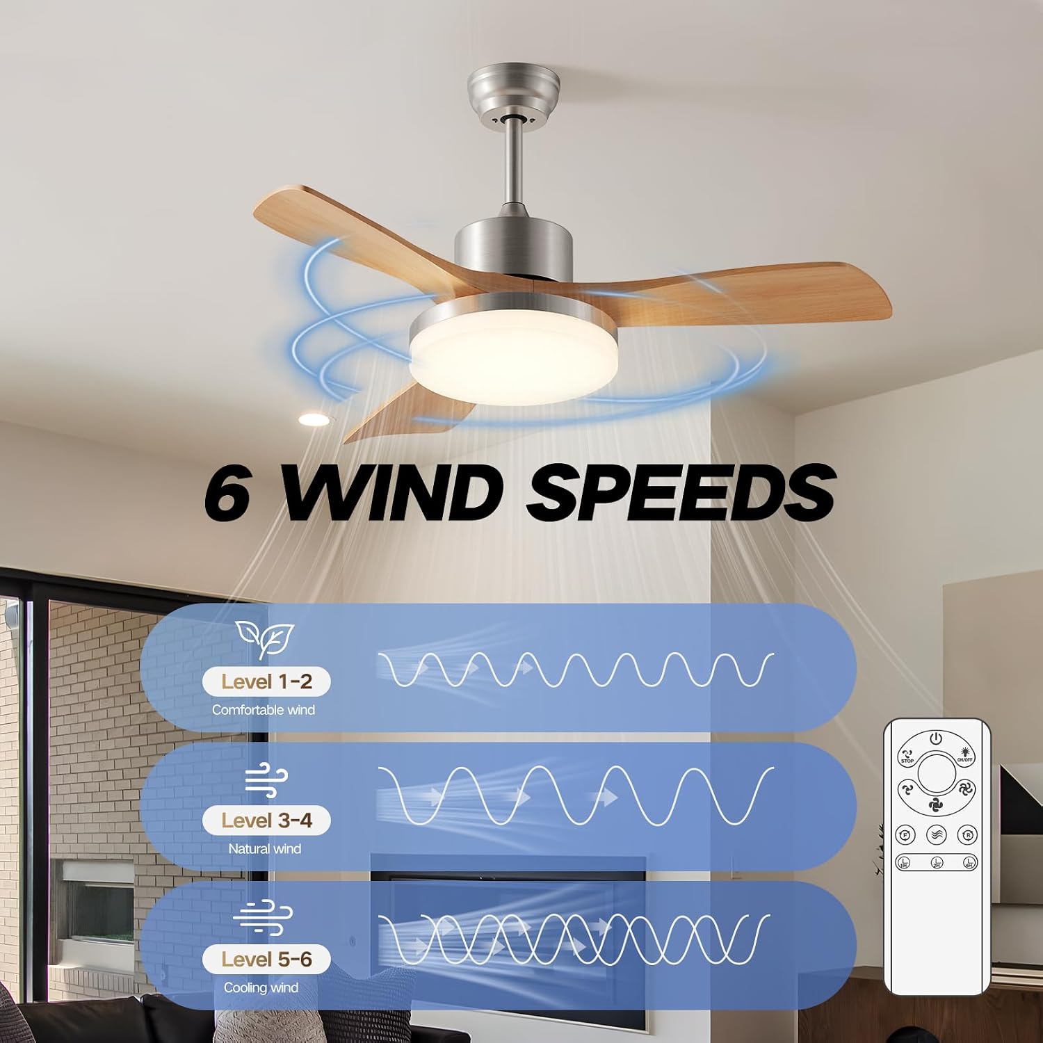 42 Inch Ceiling Fans with Lights, 3 Blades Modern Ceiling Fan with Remote Control, ABS Plastic Wood Grain Fan with Light for Patios, Outdoor, Living Room, Dining Room, Bedroom