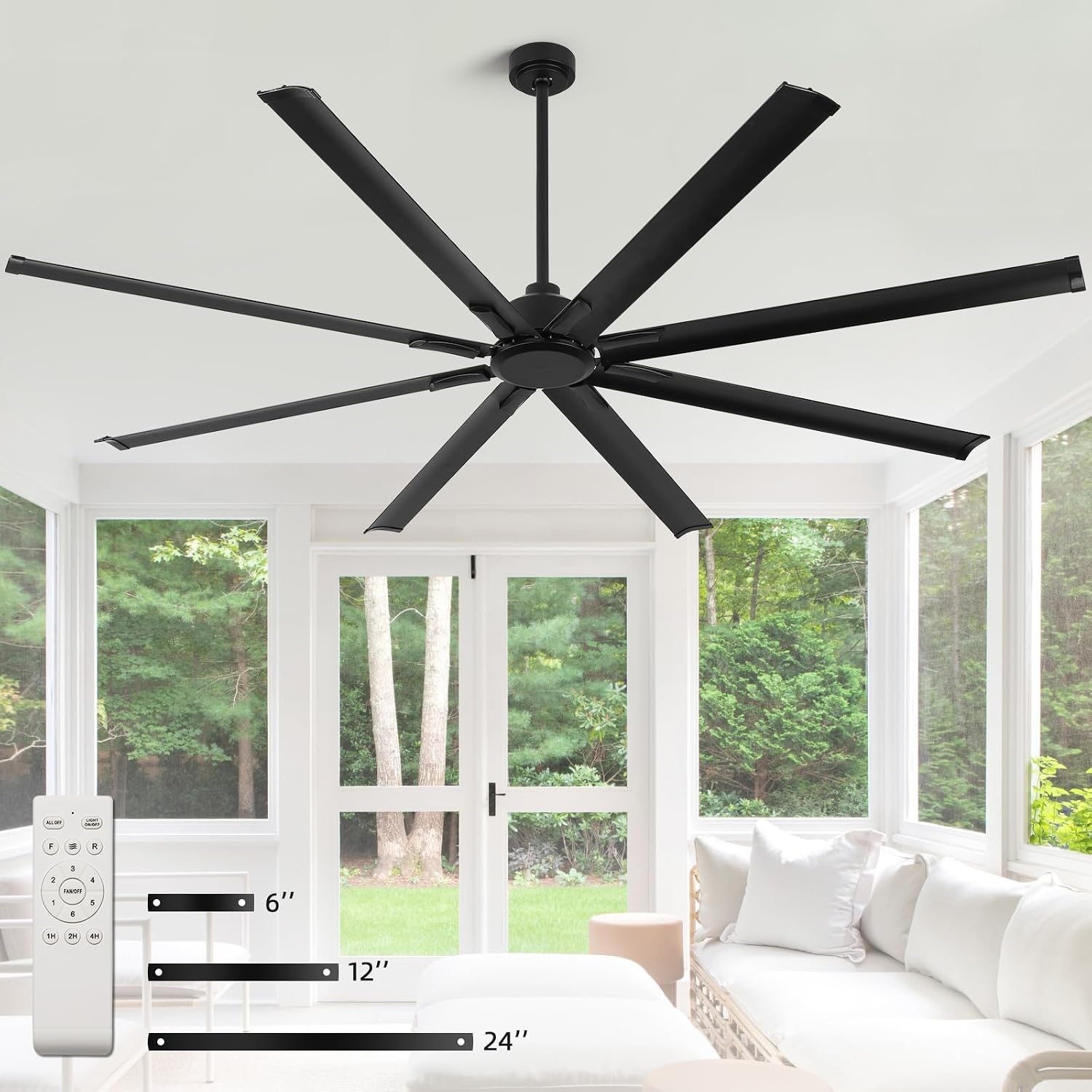 YYEHON 84 Inch Large Industrial Ceiling Fan no Lights, Reversible Dc Motor, 3 Downrods, 6 Speed Remote Control, 8 Aluminum Blades, Black Outdoor Fans for Shop/Gym/Warehouse/Garage