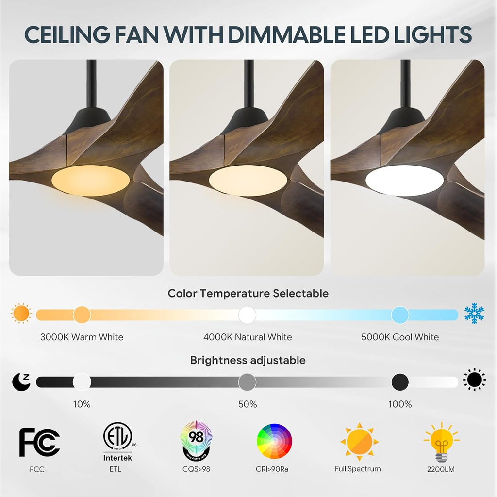 42 Inch Smart Ceiling Fan with Lights Remote, Alexa WIFI Voice Control, Low Profile Indoor/Outdoor Ceiling Fans for Patios Damp Rated, 3 Blades Wood Propeller DC Motor for Living Room,Bedroom,Porch