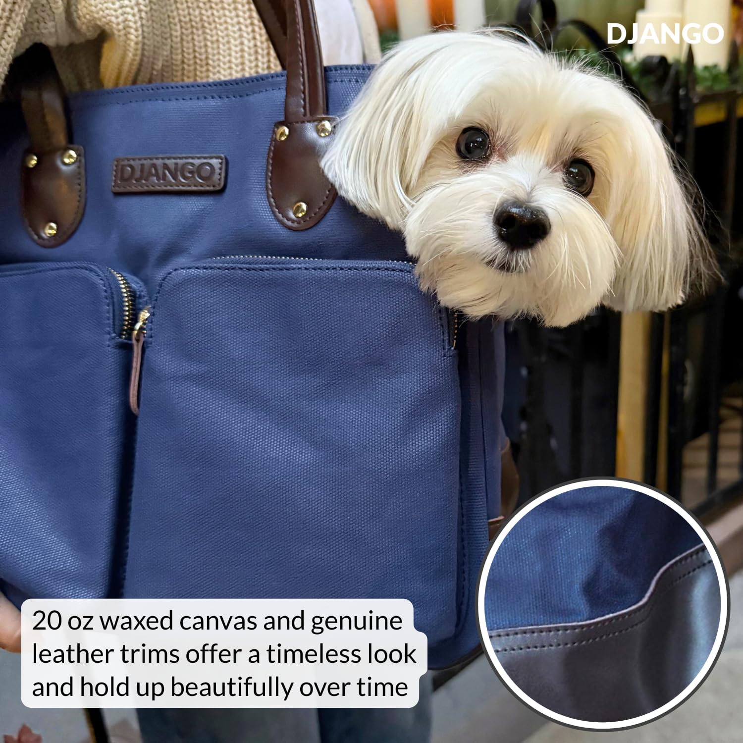 DJANGO Waxed Canvas & Leather Dog Carrier Tote Bag – Premium Soft-Sided Travel Dog Purse with Safety Leash, WR Lining, & Large Zipper Pockets – Everyday Pet Carrier for Small Dogs (Navy Blue, Medium)