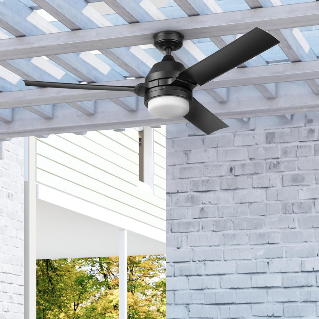 Honeywell Ceiling Fans Port Isle Modern 54 Inch Outdoor Ceiling Fan with Light, LED Fan with Remote Control, 3 Contemporary Matte Black Weather Resistant Blades, Black (51986-01)