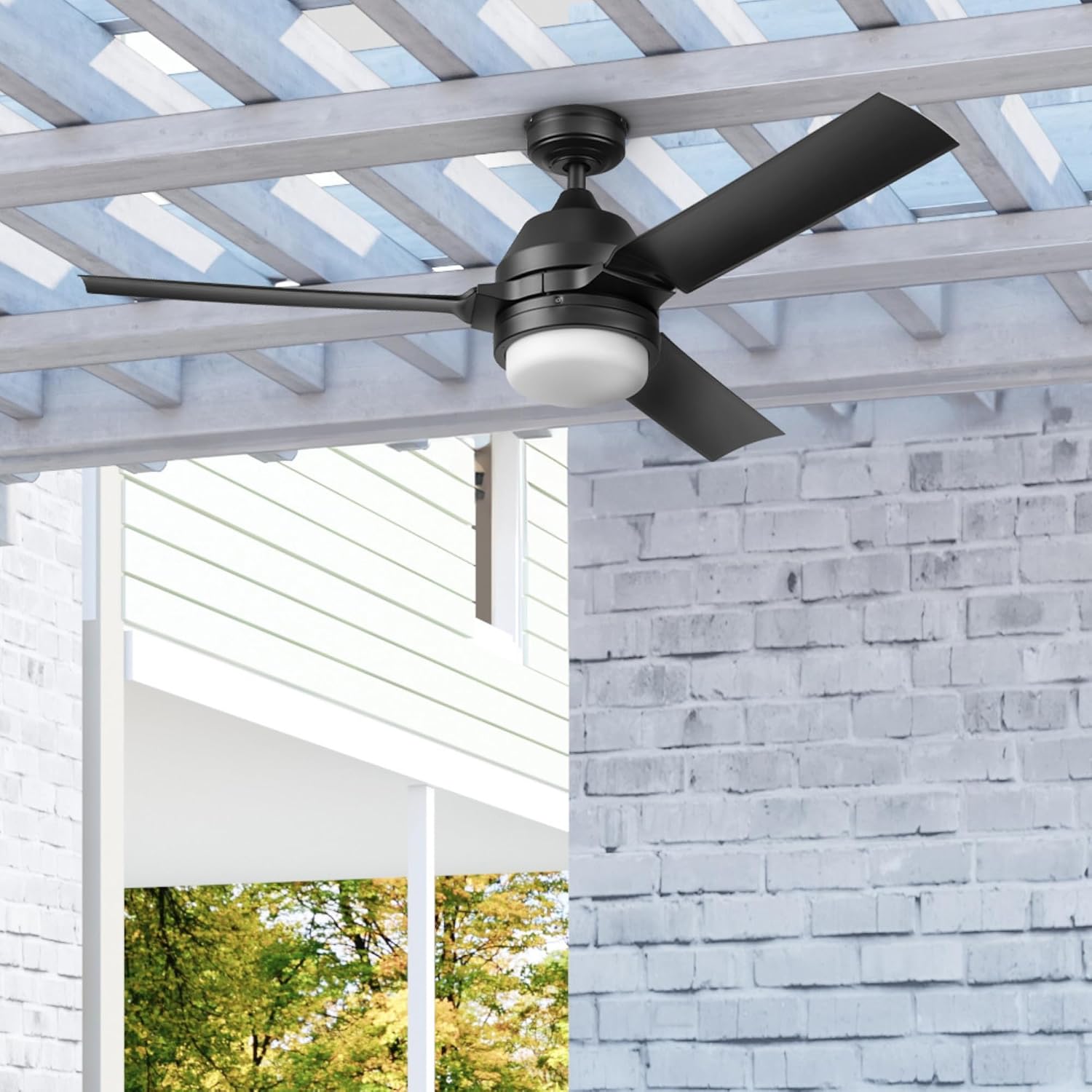 Honeywell Ceiling Fans Port Isle Modern 54 Inch Outdoor Ceiling Fan with Light, LED Fan with Remote Control, 3 Contemporary Matte Black Weather Resistant Blades, Black (51986-01)