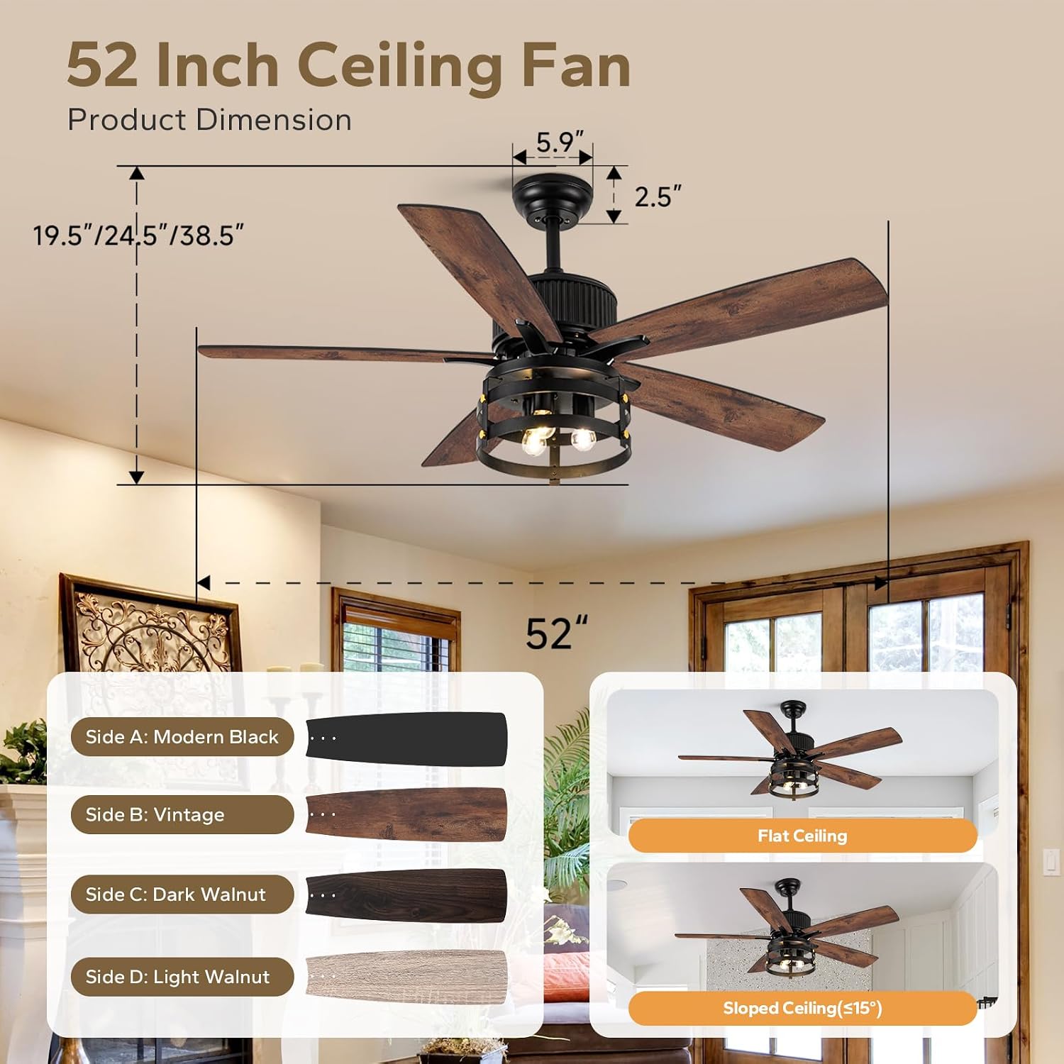 Farmhouse 52 inch Ceiling Fans with Lights and Remote, 2 Sets of Fan Blades, 4 Colors, Outdoor Ceiling Fan for Patio with Light, Wood Ceiling Fans with Timer Reversible DC Motor for Porch